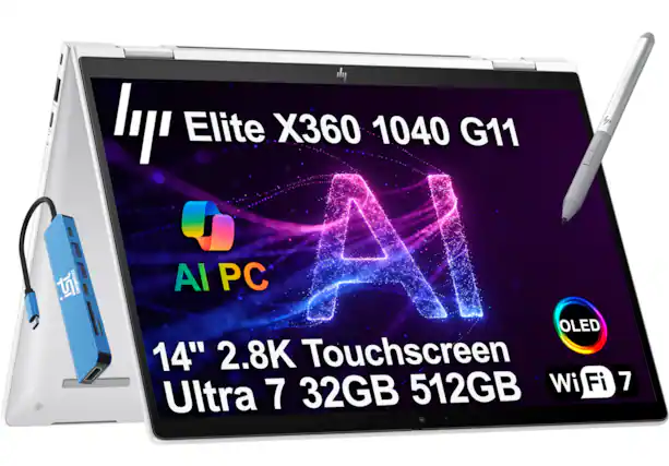 Elite X360 1040 G11
AI PC
14" 2.8K Touchscreen
Ultra 7 32GB 512GB
OLED
Wi-Fi 7