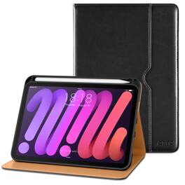 DTTO - Case for iPad Mini 7 (A17 Pro) 2024 / Mini 6 2021 8.3" - Leather Folio Stand with Pencil Holder & Multi-Angle Viewing - Black