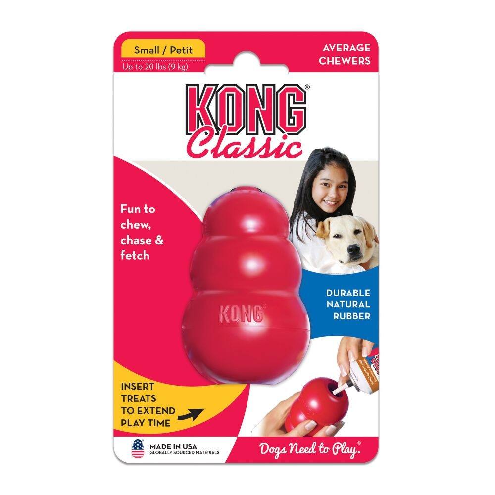 Small / Petit  
AVERAGE CHEWERS  
Up to 20 lbs (9 kg)  
KONG Classic  
Fun to chew, chase & fetch  
DURABLE NATURAL RUBBER  
INSERT TREATS TO EXTEND PLAY TIME  
MADE IN USA GLOBALLY SOURCED MATERIALS  
Dogs Need to Play.