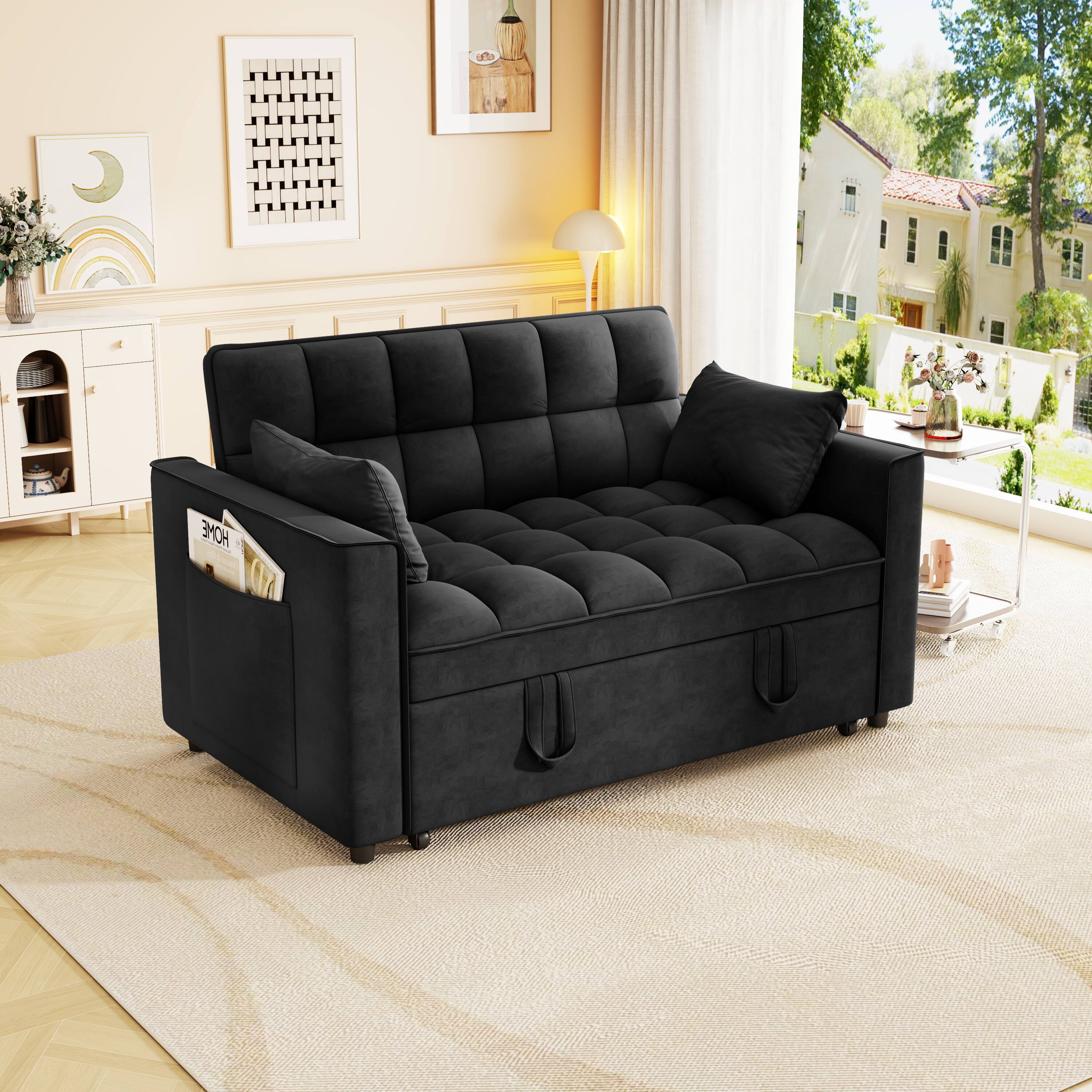 Angle. Anysun - Modern Velvet Convertible Sleeper Sofa Bed with Pull-Out Bed, Pillows & Side Pockets for Small Spaces - Black.