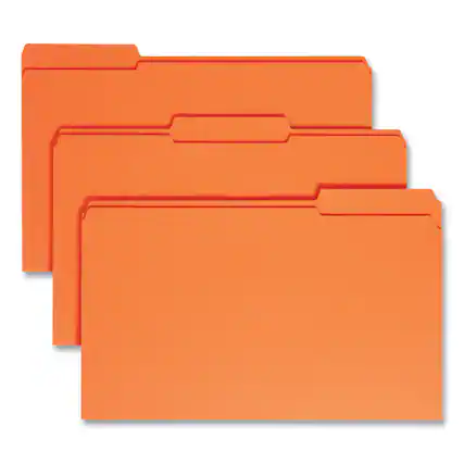 Front. Smead Manufacturing - Reinforced Top Tab Colored File Folders, 1/3-Cut Tabs: Assorted, Legal Size, 0.75" Expansion, Orange, 100/Box.