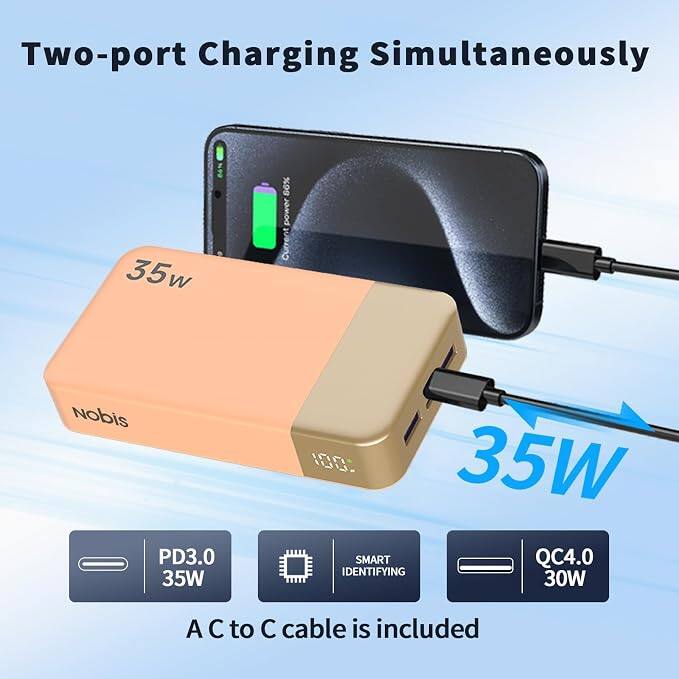 Two-port Charging Simultaneously

66% 35w
66% power Current
Nobis PD3.0 35W
35W SMART QC4.0 IDENTIFYING 30W
A C to C cable is included