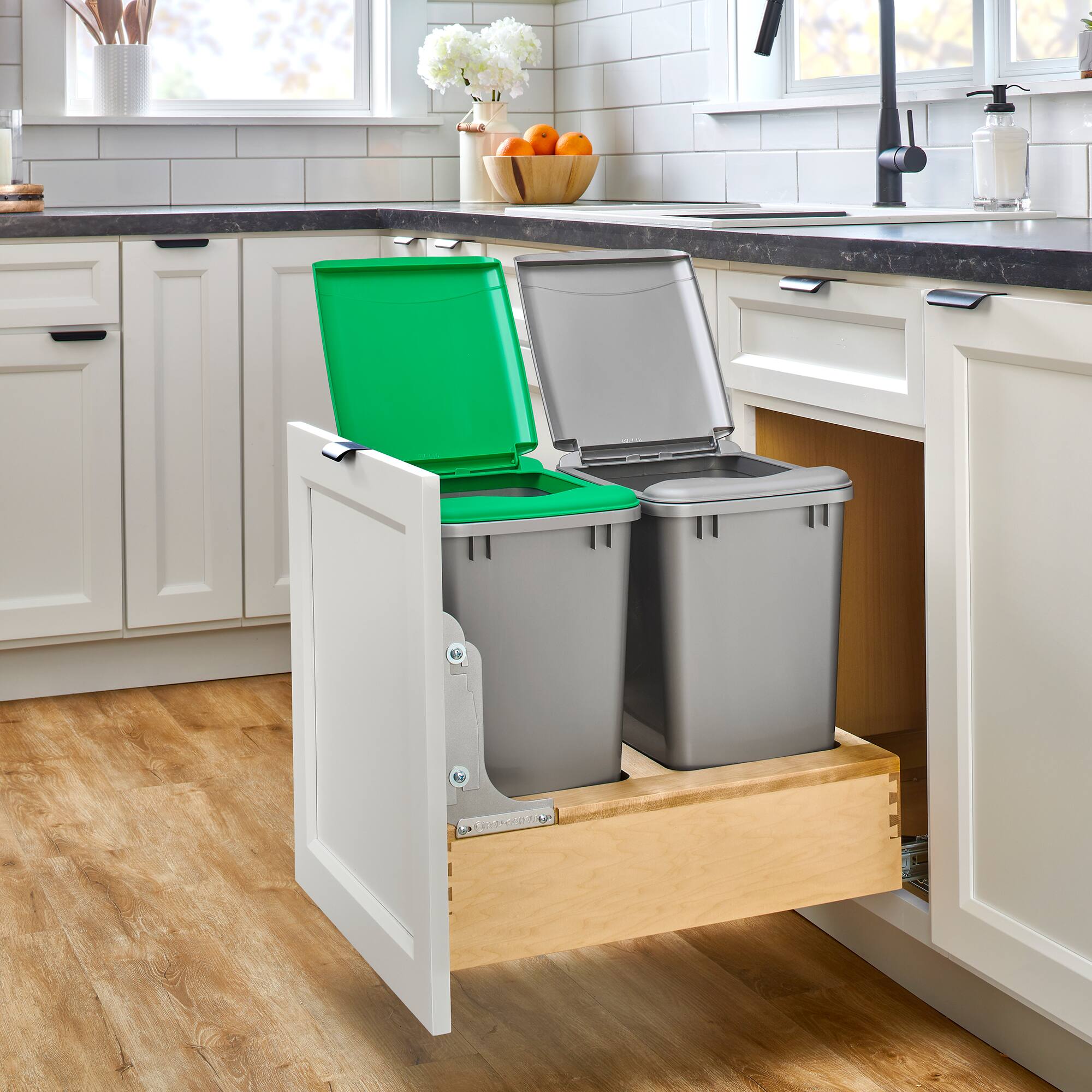 Alt View 8. Rev-A-Shelf - Rev-A-Shelf Wood Double Pullout Waste Container, Soft-Close, 35 qt, Silver - Light Brown.