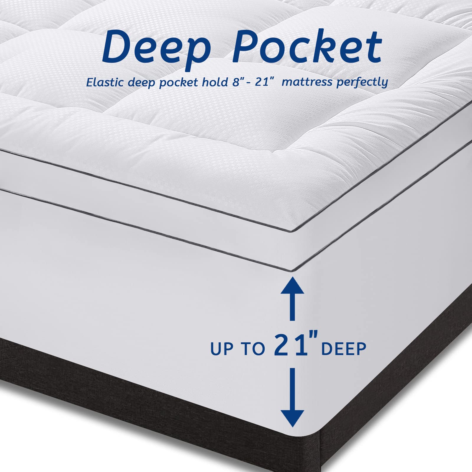 Deep Pocket  
Elastic deep pocket hold 8" - 21" mattress perfectly  
UP TO 21" DEEP