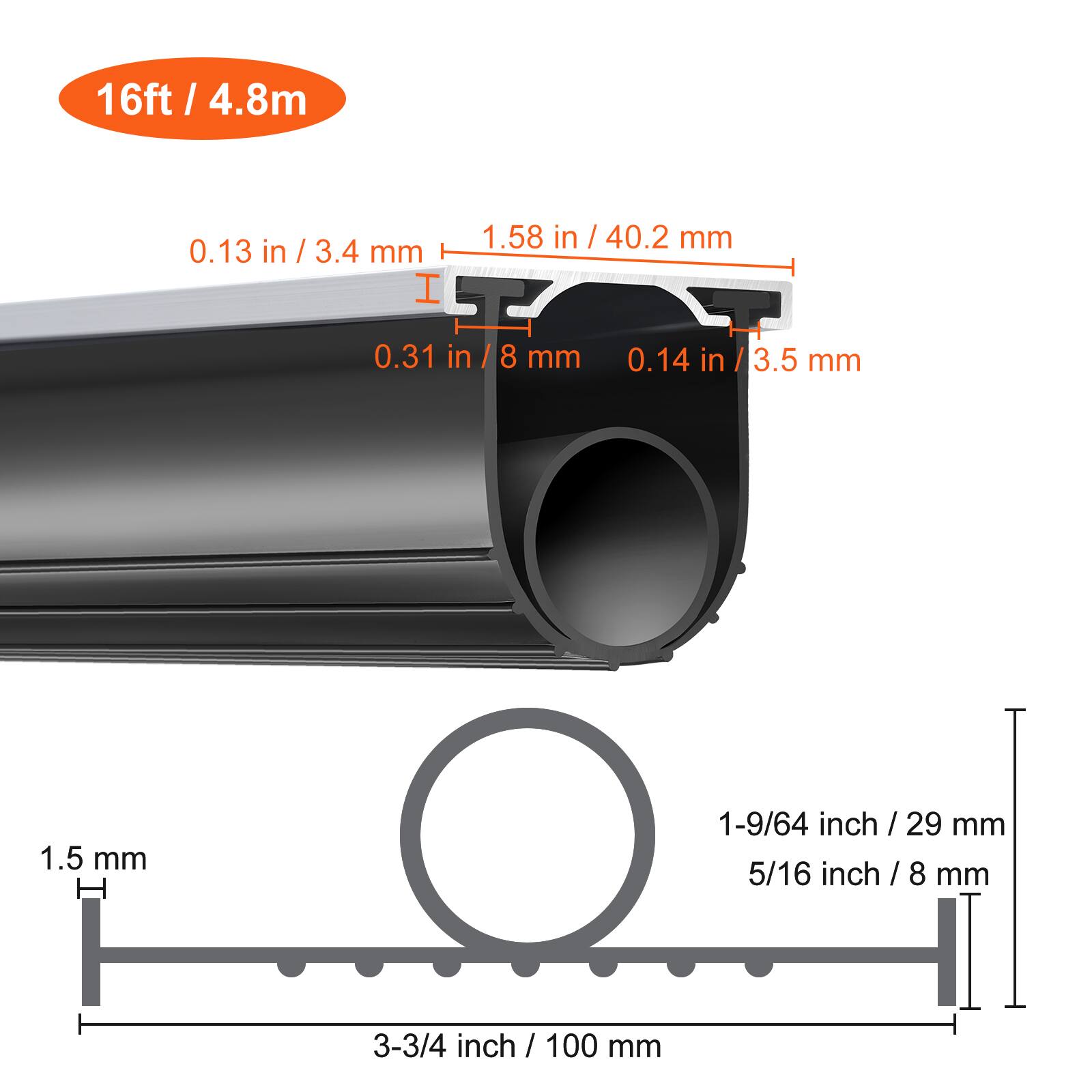 16ft / 4.8m

1.58 in / 40.2 mm
0.13 in / 3.4 mm
0.31 in / 8 mm
0.14 in / 3.5 mm

1.5 mm

1-9/64 inch / 29 mm
5/16 inch / 8 mm

3-3/4 inch / 100 mm