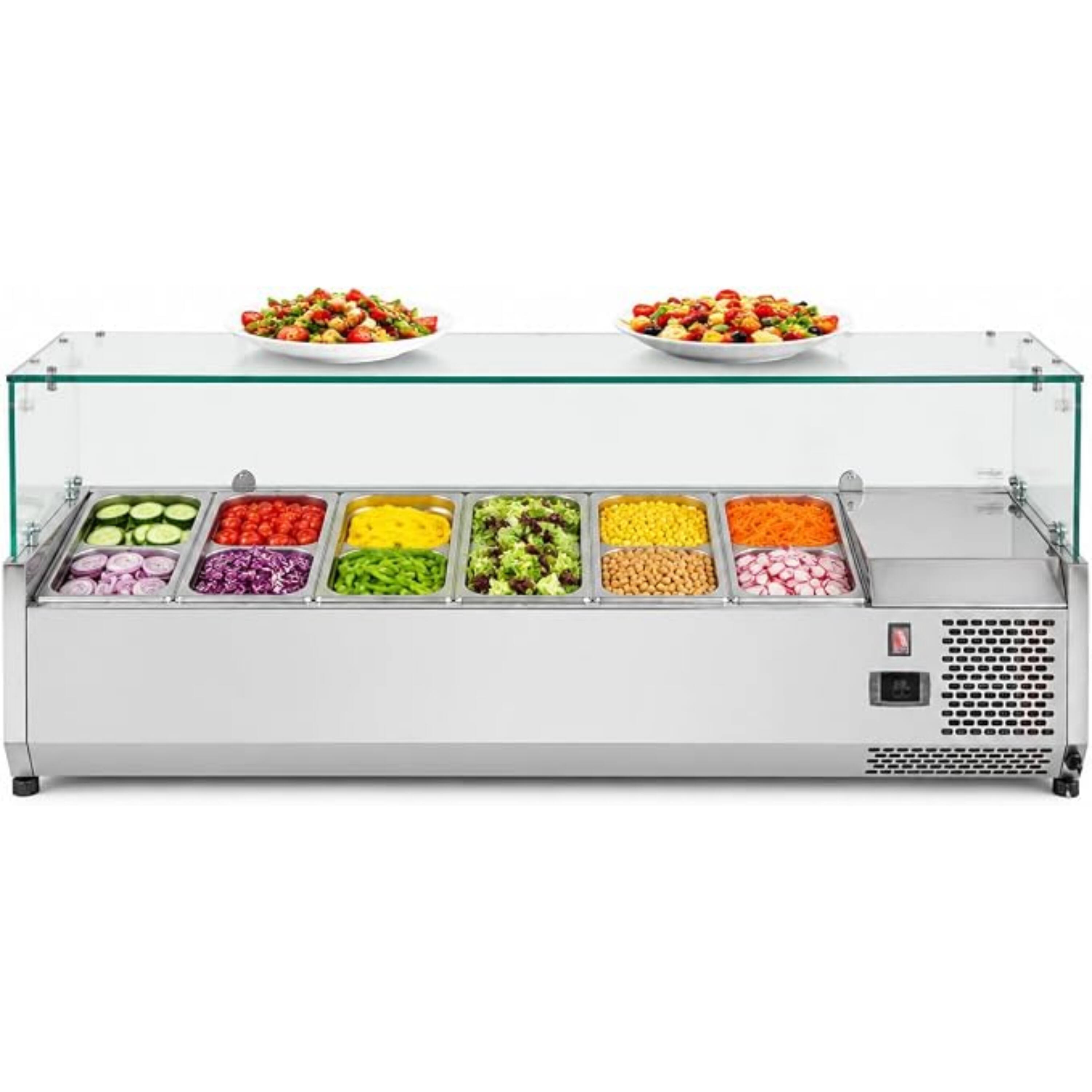 Left. Equator - Equator Vitlife Commercial Refrigerator Condiment Prep Station, Glass Lid 6 Pan (GN1/3×5+GN1/2×1), 33–41°F, 59.1" - Stainless Steel.