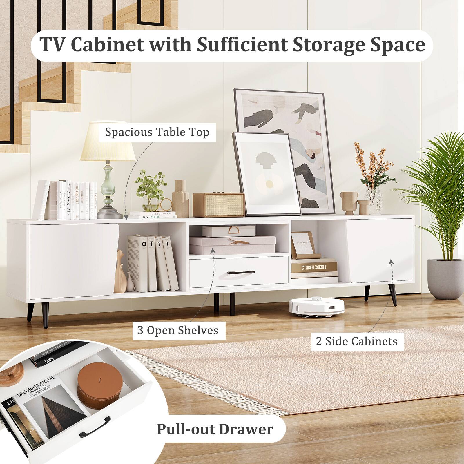 TV Cabinet with Sufficient Storage Space, Spacious Table Top, 3 Open Shelves, 2 Side Cabinets, Pull-out Drawer
