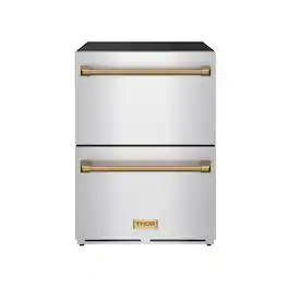 Gordon Ramsay Series by Thor Kitchen 24 Inch Indoor Outdoor Refrigerator Drawers with Bronze Hardware - Stainless Steel
