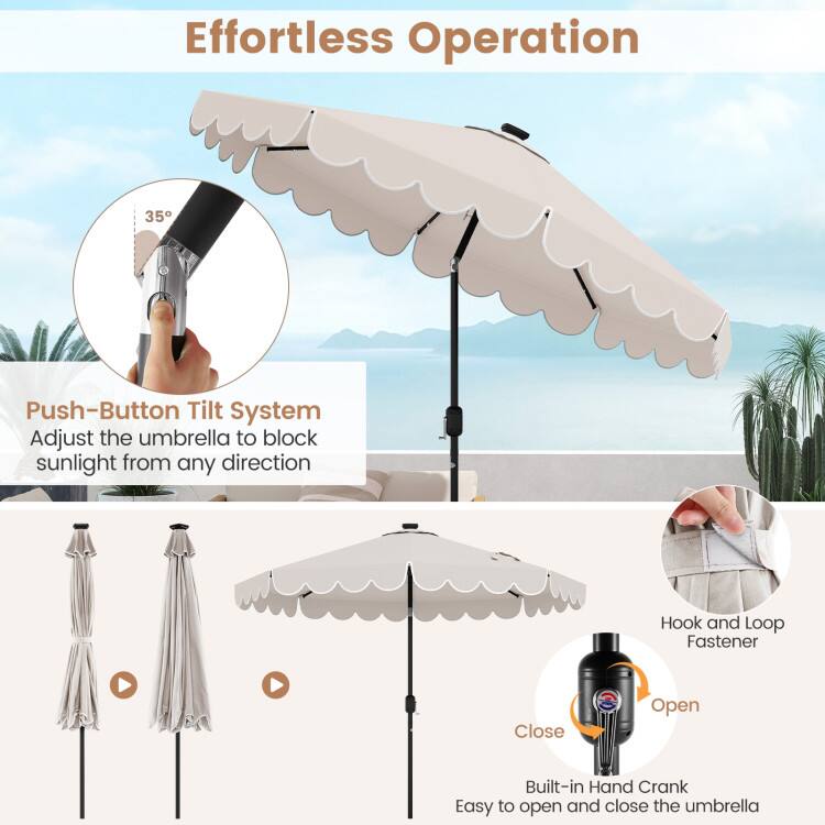 Effortless Operation

35° Push-Button Tilt System
Adjust the umbrella to block sunlight from any direction

Hook and Loop Fastener

Built-in Hand Crank
Easy to open and close the umbrella