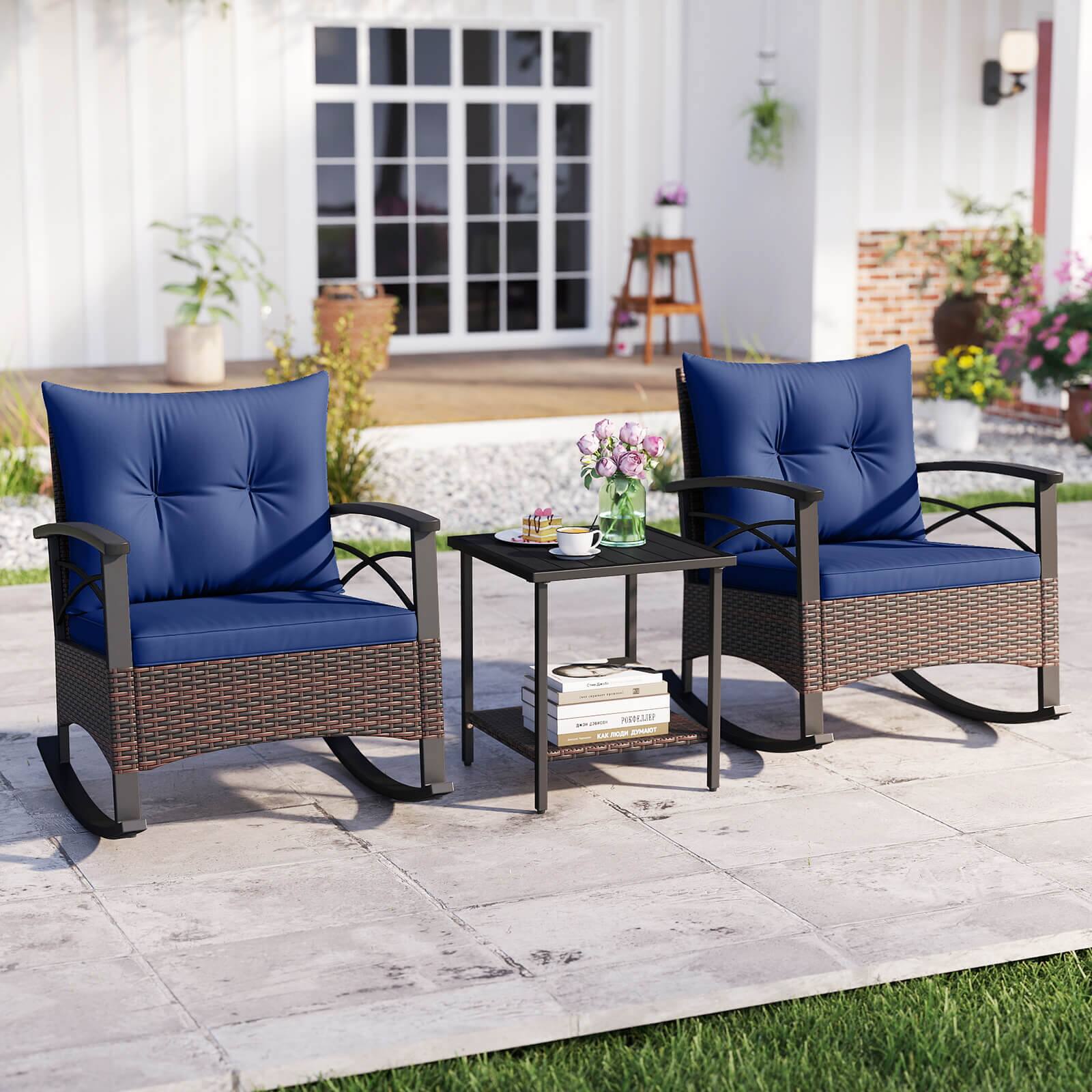 Alt View 3. Costway - Costway 3 PCS Rattan Rocking Chair Set with Acacia Wood Tabletop Armrests for Porch, Balcony - Mix Brown,Navy.