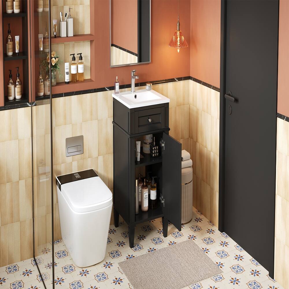 Alt View 8. Loheer - Loheer 16 inch bathroom vanity with sink, black freestanding single vanity, french style bathroom cabinet - Black.
