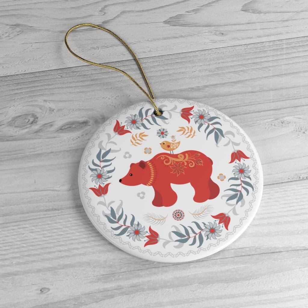 Back. OrnamentallyYou - Scandinavian Folk Bear Ornament Ethnic Floral Elegant Nature Design - Multi-colored.