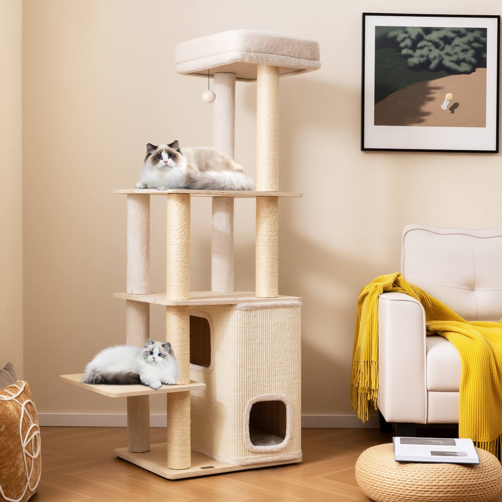 Alt View 1. Gymax - Gymax 63'' Tall Wooden Cat Tree w/2-Story Condo Plush Padded Top Perch Dangling Ball.
