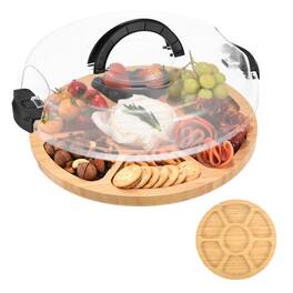 Unique Bargains - Round Charcuterie Board with Lid & Handle, Portable Cheese Board, Bamboo Cutting Board, Gifts - Black