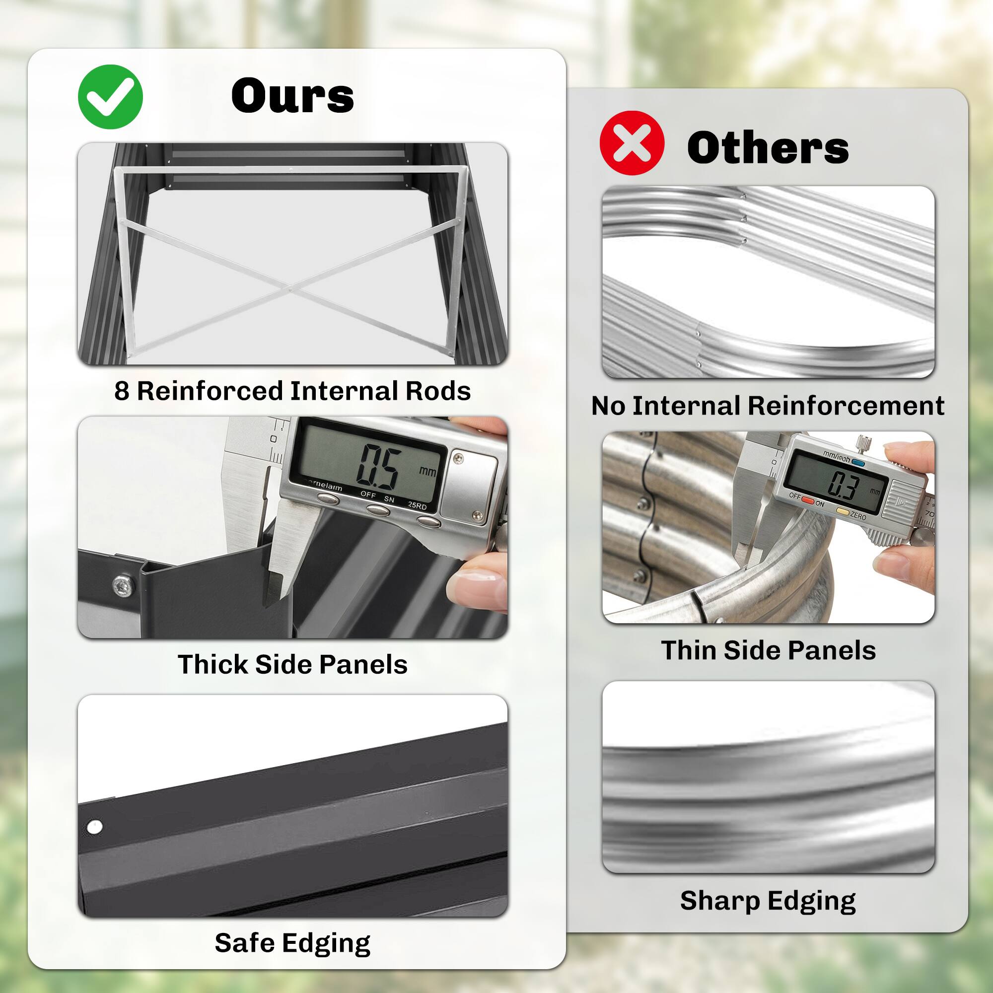 Ours  
- 8 Reinforced Internal Rods  
- Thick Side Panels  
- Safe Edging  

Others  
- No Internal Reinforcement  
- Thin Side Panels  
- Sharp Edging