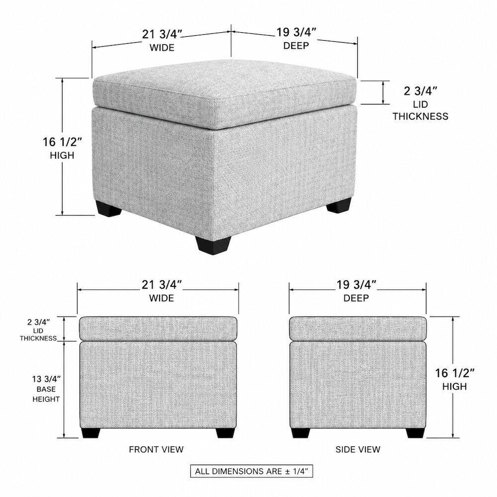 21 3/4" WIDE  
19 3/4" DEEP  
2 3/4" LID THICKNESS  
16 1/2" HIGH  

21 3/4" WIDE  
19 3/4" DEEP  
2 3/4" LID THICKNESS  
13 3/4" BASE HEIGHT  

FRONT VIEW  
SIDE VIEW  

ALL DIMENSIONS ARE ± 1/4"