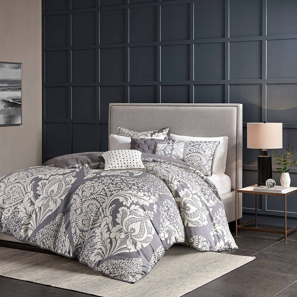 Alt View 1. Gracie Mills - Gracie Mills Muriel Damask Delight 6-Piece Duvet Cover Set - Grey.
