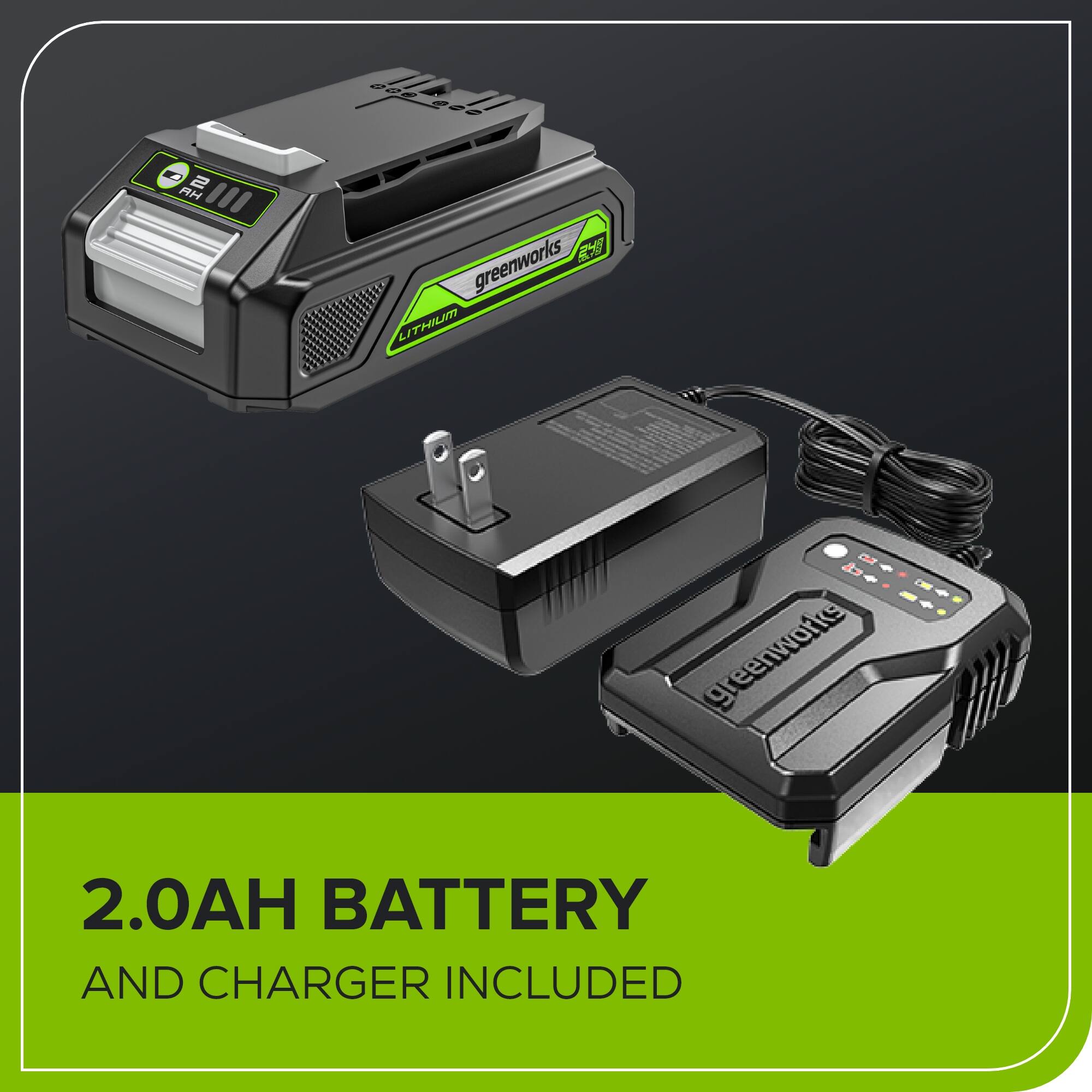 029 020 - AM R greenworks LITHIUM 2.0AH BATTERY AND CHARGER INCLUDED