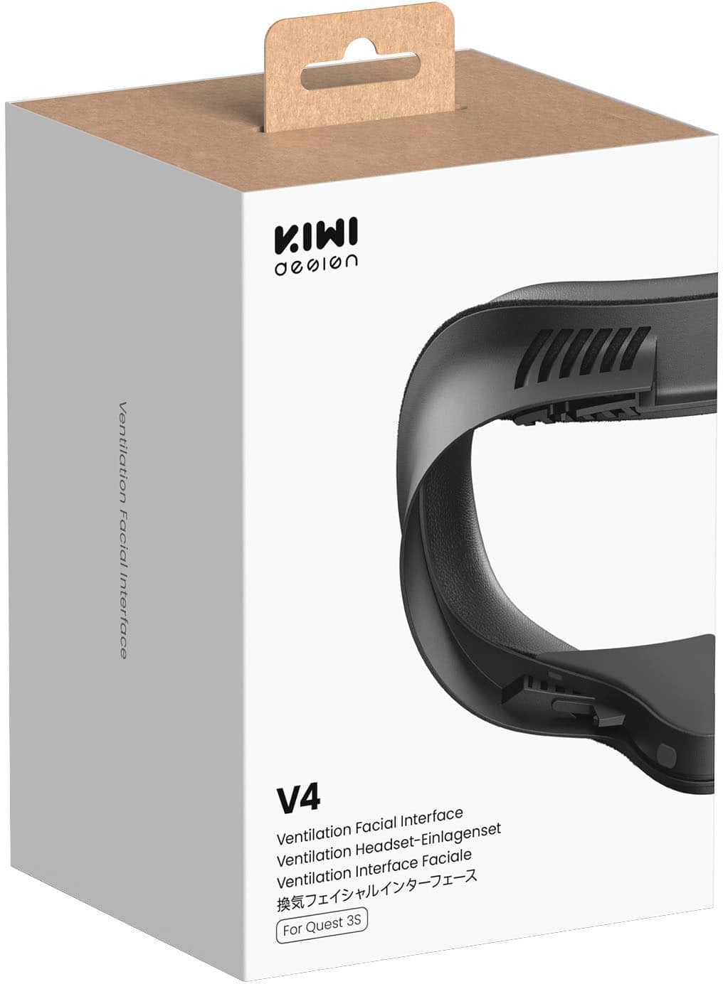 The text on the image reads "KIWI desion Ventilation Facial Interface V4 Interface Ventilation Headset-Einlagenset Faciale Ventilation Interface Quest 3S For." The text has been grouped and corrected to read "KIWI desion Ventilation Facial Interface V4 Interface Ventilation Headset-Einlagenset Faciale Ventilation Interface Quest 3S For."