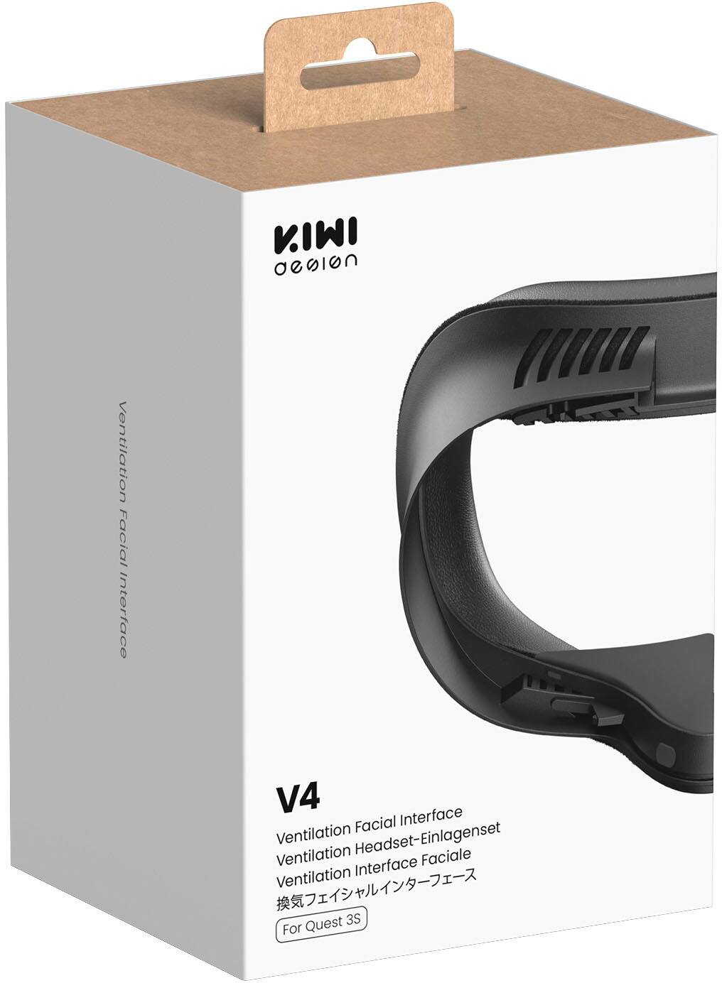 The text on the image reads "KIWI desion Ventilation Facial Interface V4 Interface Ventilation Headset-Einlagenset Faciale Ventilation Interface Quest 3S For." The text has been grouped and corrected to read "KIWI desion Ventilation Facial Interface V4 Interface Ventilation Headset-Einlagenset Faciale Ventilation Interface Quest 3S For."