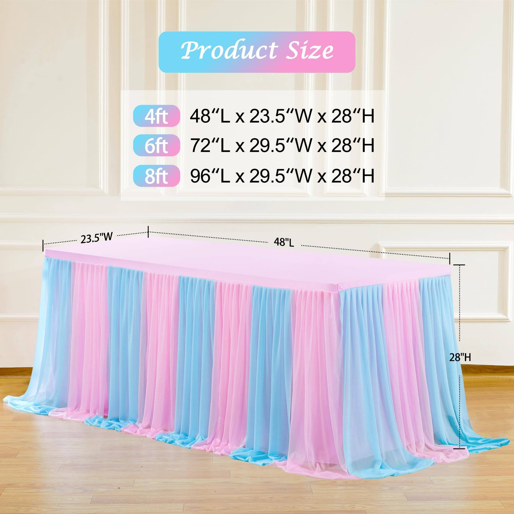 Product Size

4ft  
48"L x 23.5"W x 28"H

6ft  
72"L x 29.5"W x 28"H

8ft  
96"L x 29.5"W x 28"H