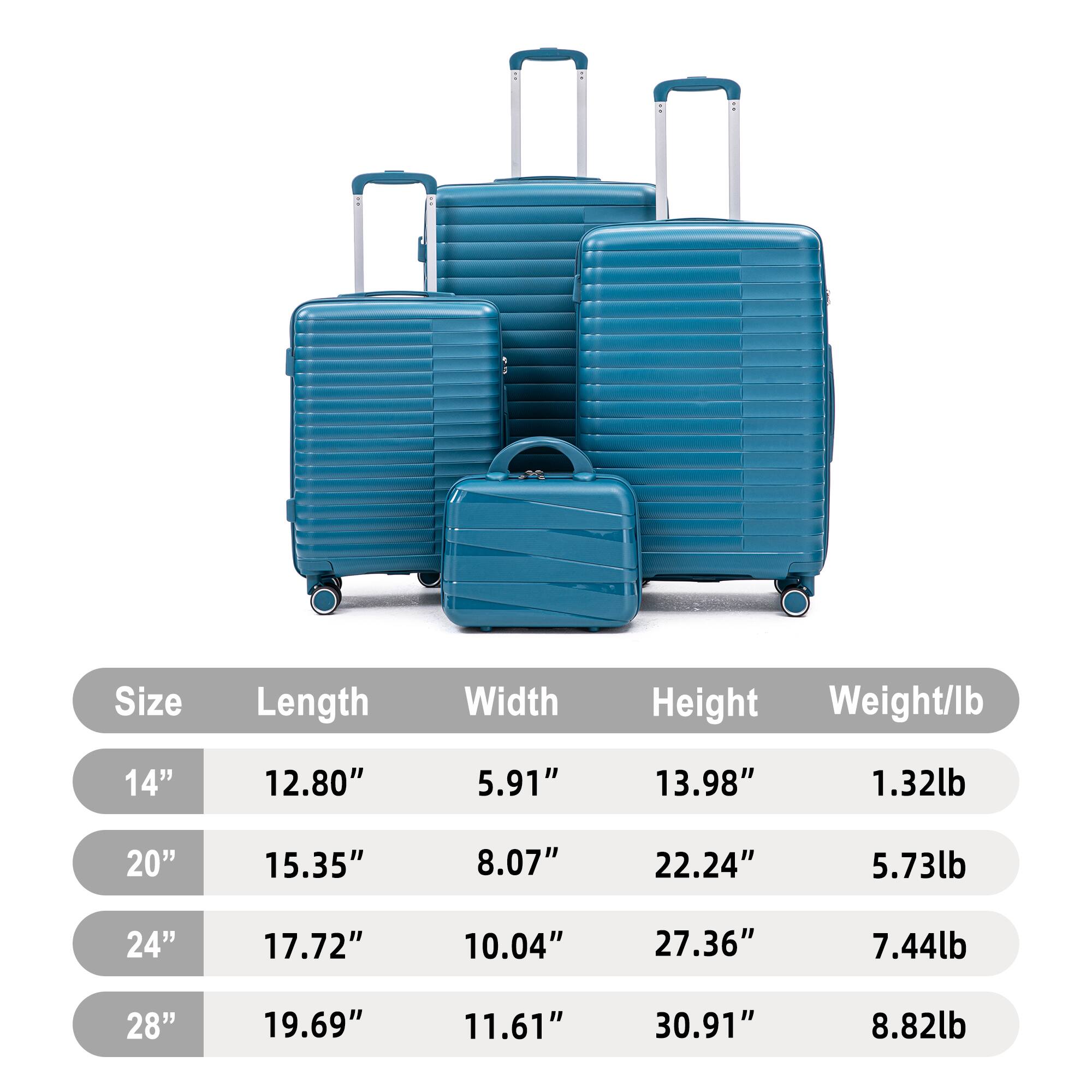 Size | Length | Width | Height | Weight/lb
---|---|---|---|---
14" | 12.80" | 5.91" | 13.98" | 1.32lb
20" | 15.35" | 8.07" | 22.24" | 5.73lb
24" | 17.72" | 10.04" | 27.36" | 7.44lb
28" | 19.69" | 11.61" | 30.91" | 8.82lb