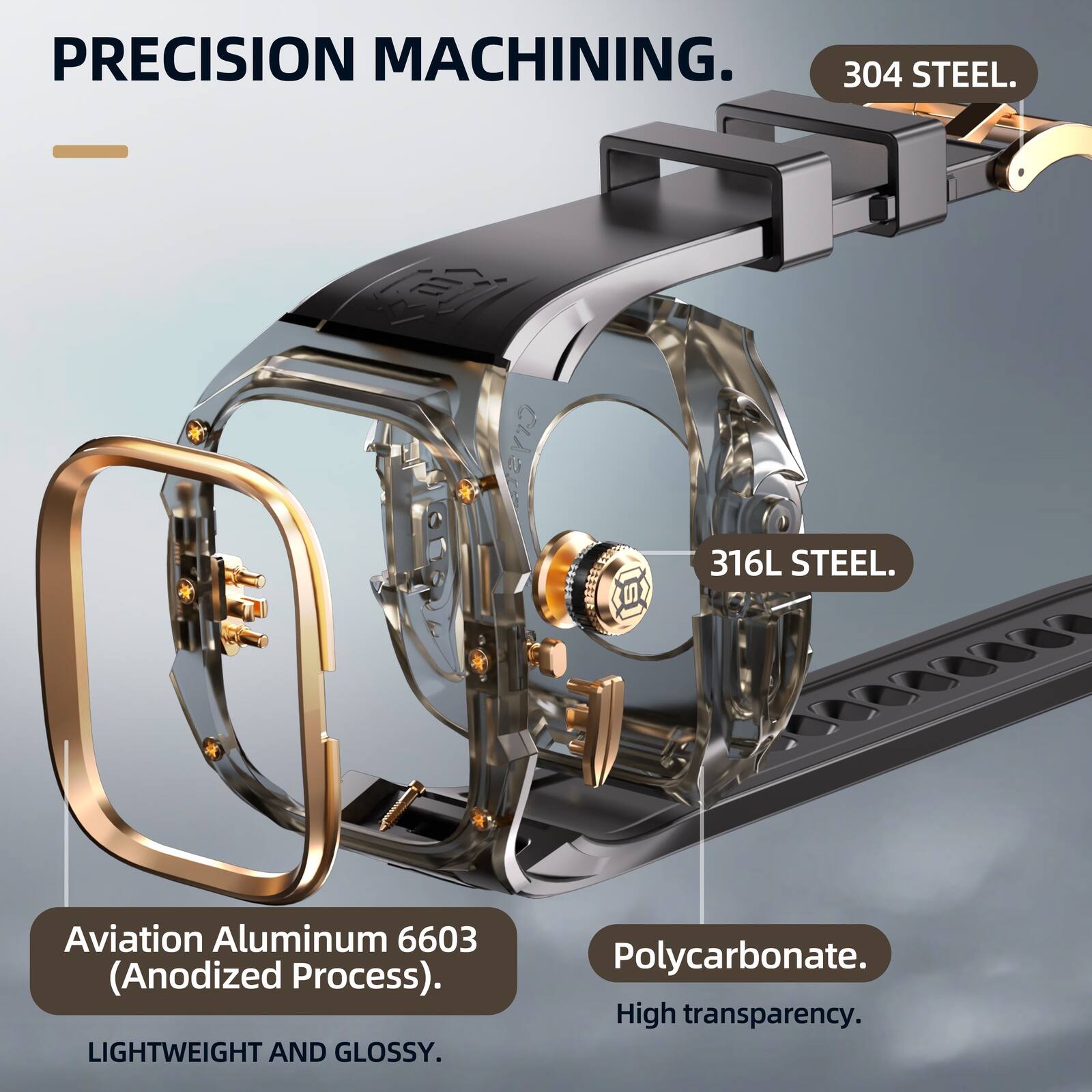 PRECISION MACHINING.  
304 STEEL.  
316L STEEL.  
Aviation Aluminum 6603 (Anodized Process).  
LIGHTWEIGHT AND GLOSSY.  
Polycarbonate.  
High transparency.