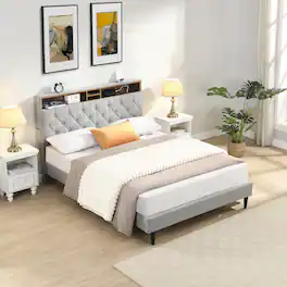 LUCKY ONE - Queen Size Upholstered Platform Bed Frame with Button-Tufted Linen Headboard, USB Ports, Charging Station, Side Pockets - LIGHT GREY