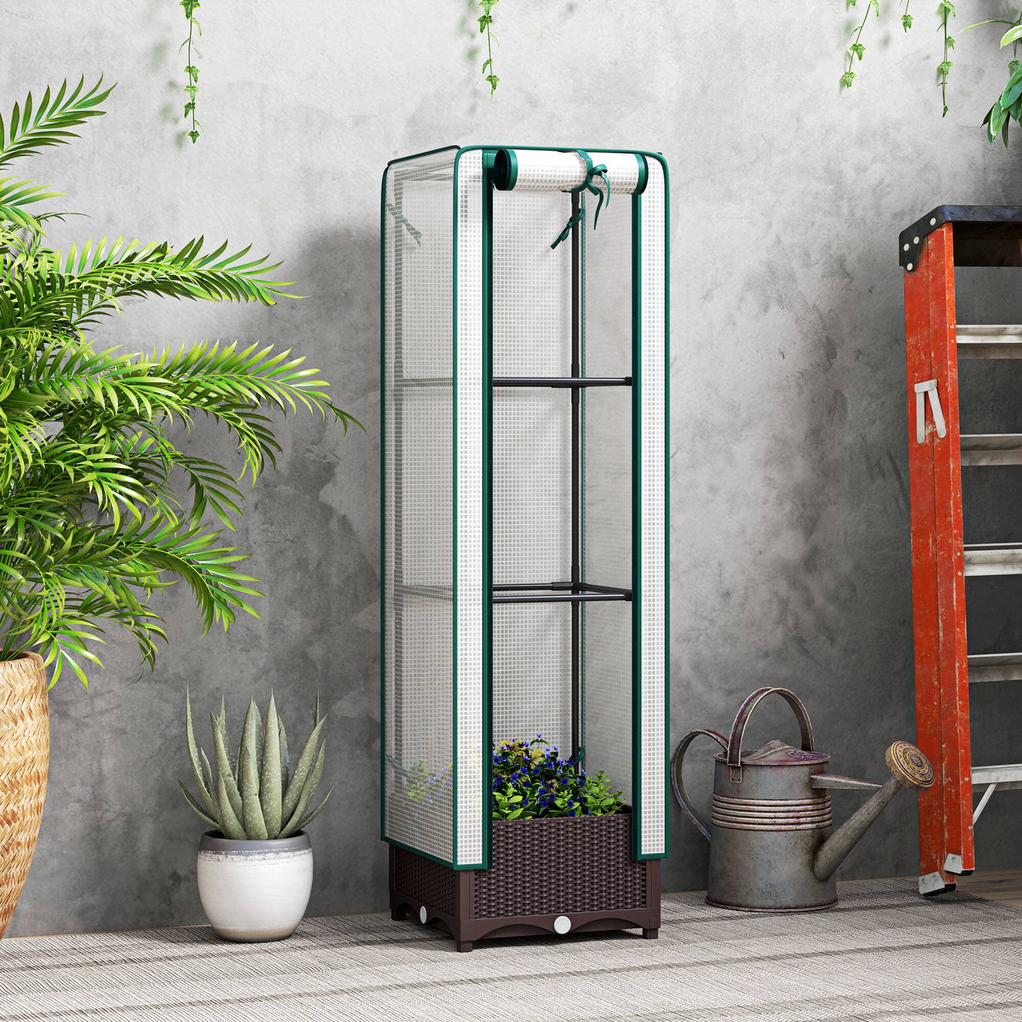 Alt View 1. Outsunny - Plastic Raised Garden Bed with Trellis, Outdoor Planter Box with PE Greenhouse Cover, Drainage Holes and Zipper Door - Brown.