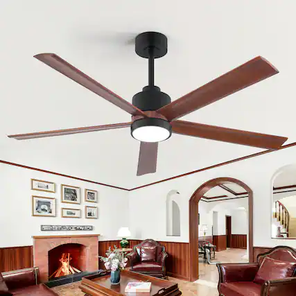 Front. Breezary - 52" Smart LED Ceiling Fan with Light, Remote & APP Control, 6-Speed, 1/4/8H Timer, 5 Wood Blades, DC Motor - Matte Black.
