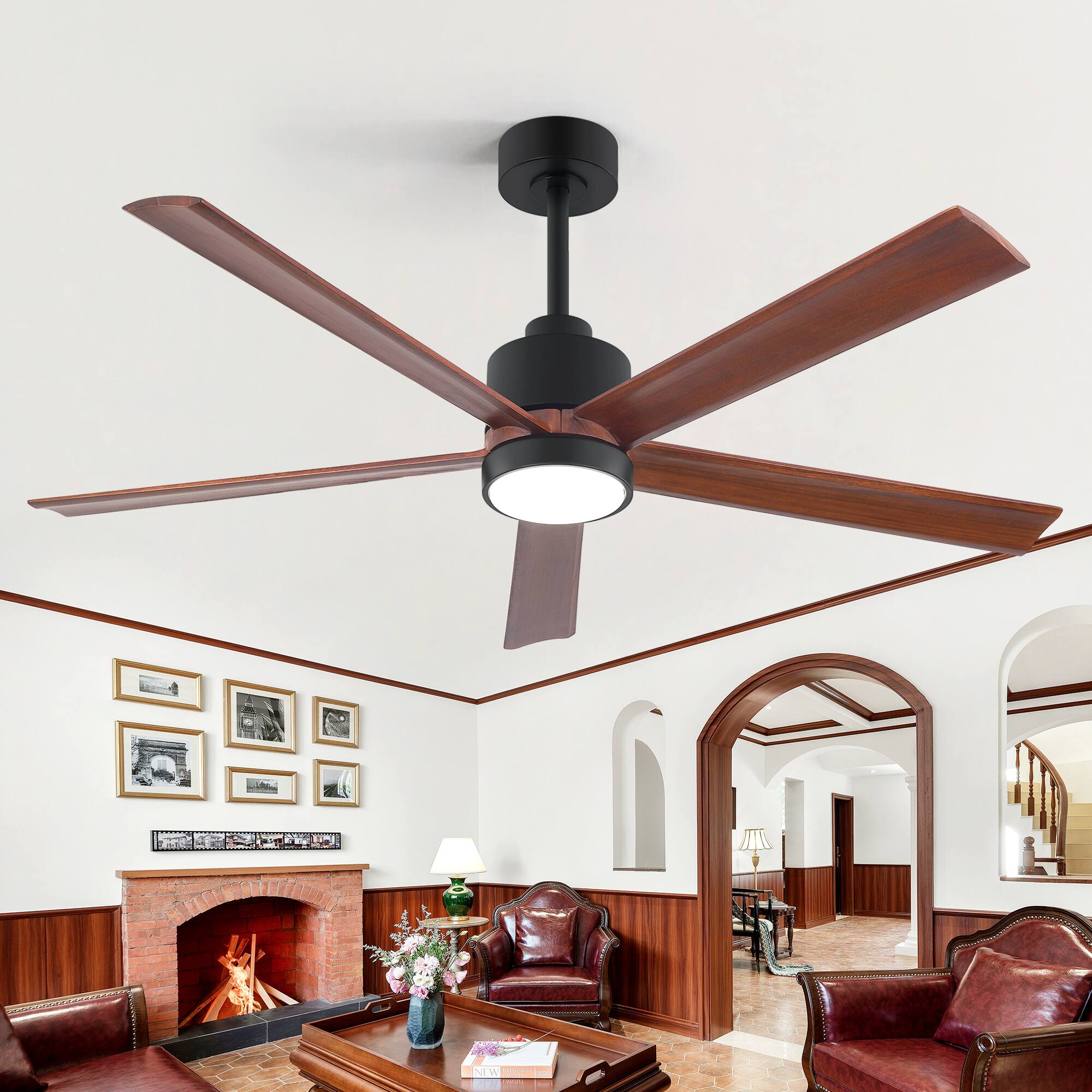 Front. Breezary - 52" Smart LED Ceiling Fan with Light, Remote & APP Control, 6-Speed, 1/4/8H Timer, 5 Wood Blades, DC Motor - Matte Black.
