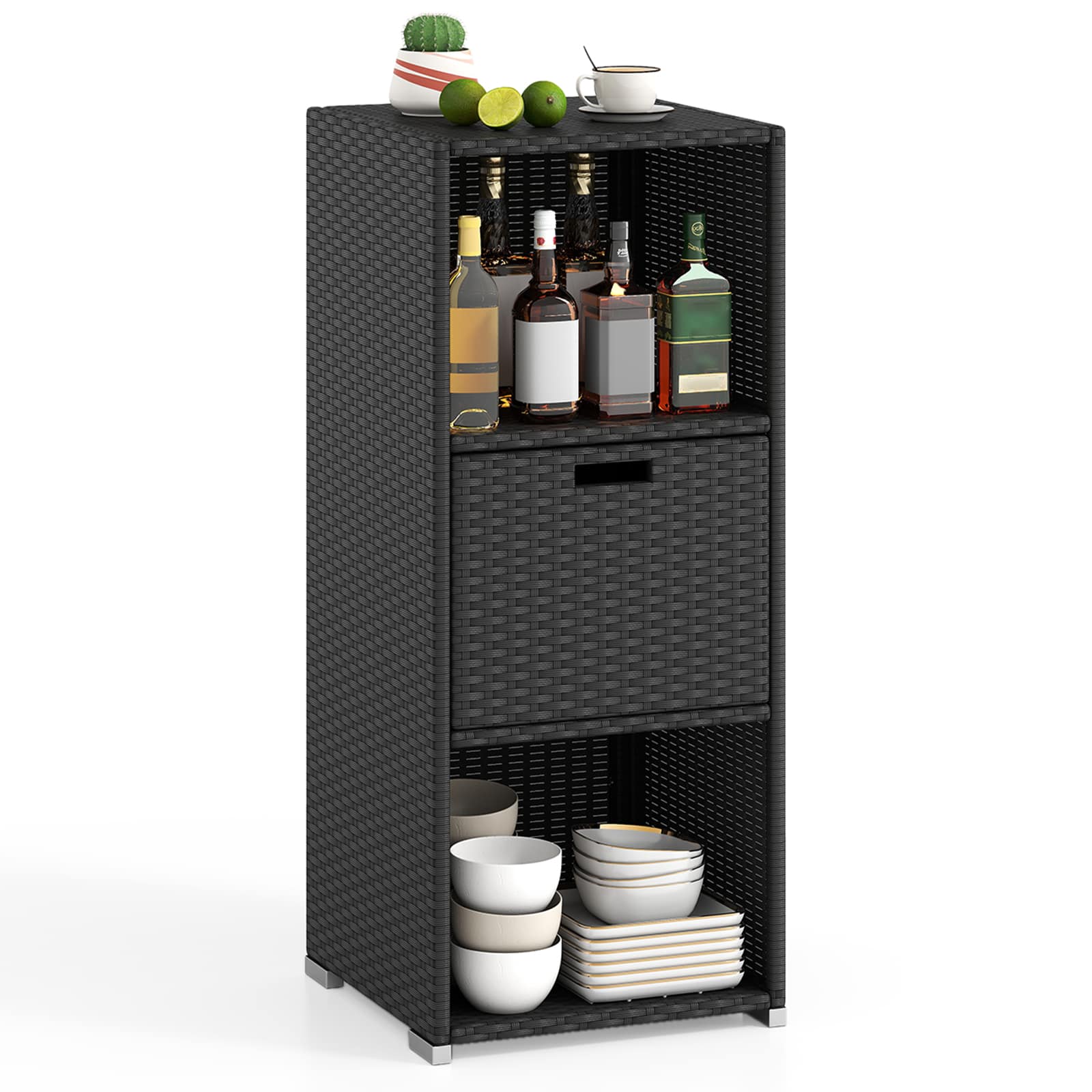 Costway - Outdoor Storage Cabinet with Storage Shelves Drawer and Rolling Wheels for Porch - Black
