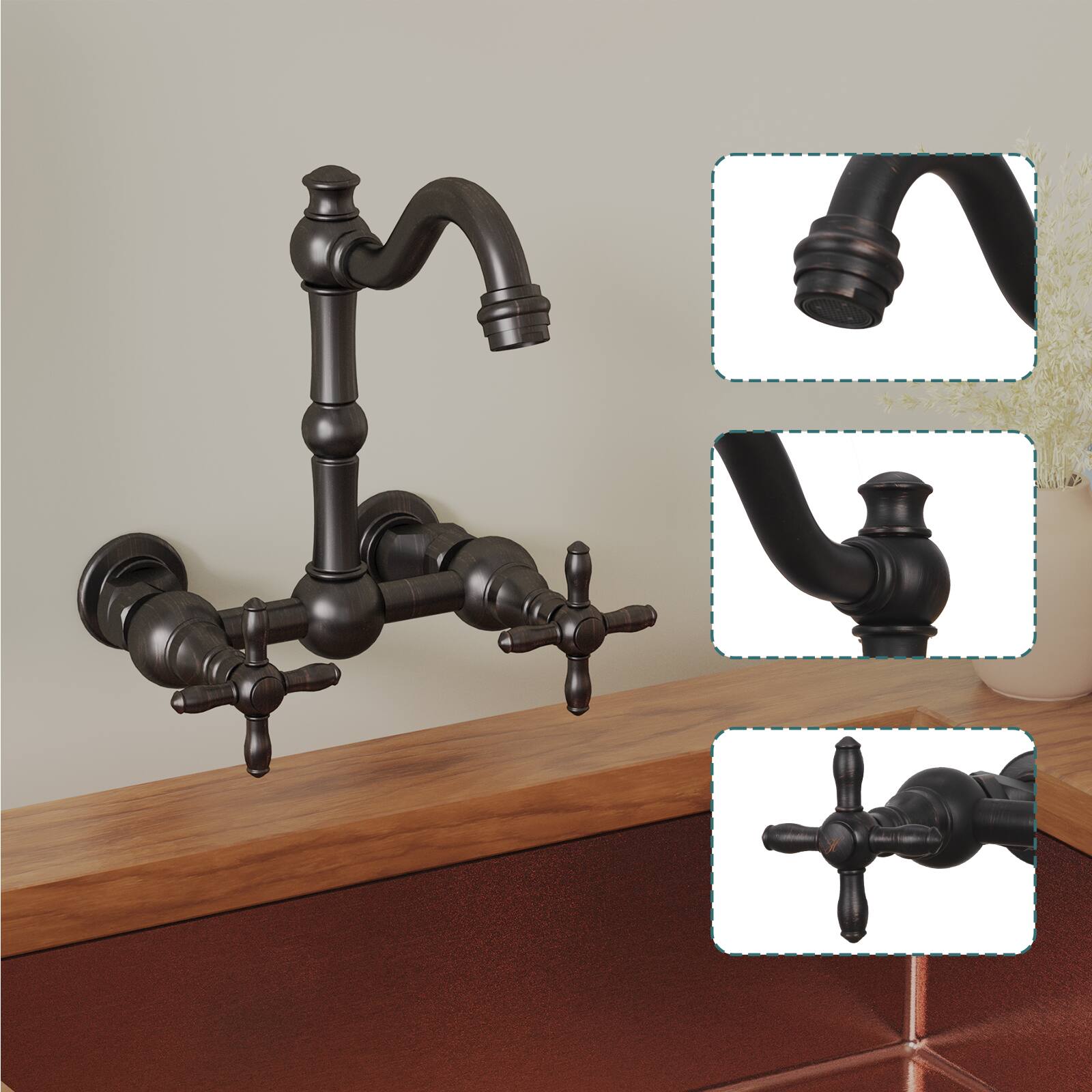 Alt View 2. Akicon - Akicon 6 inch Solid Brass Wall Mount Bathroom Faucet with 2 Cross Handles in Oil Rubbed Bronze - Oil Rubbed Bronze.