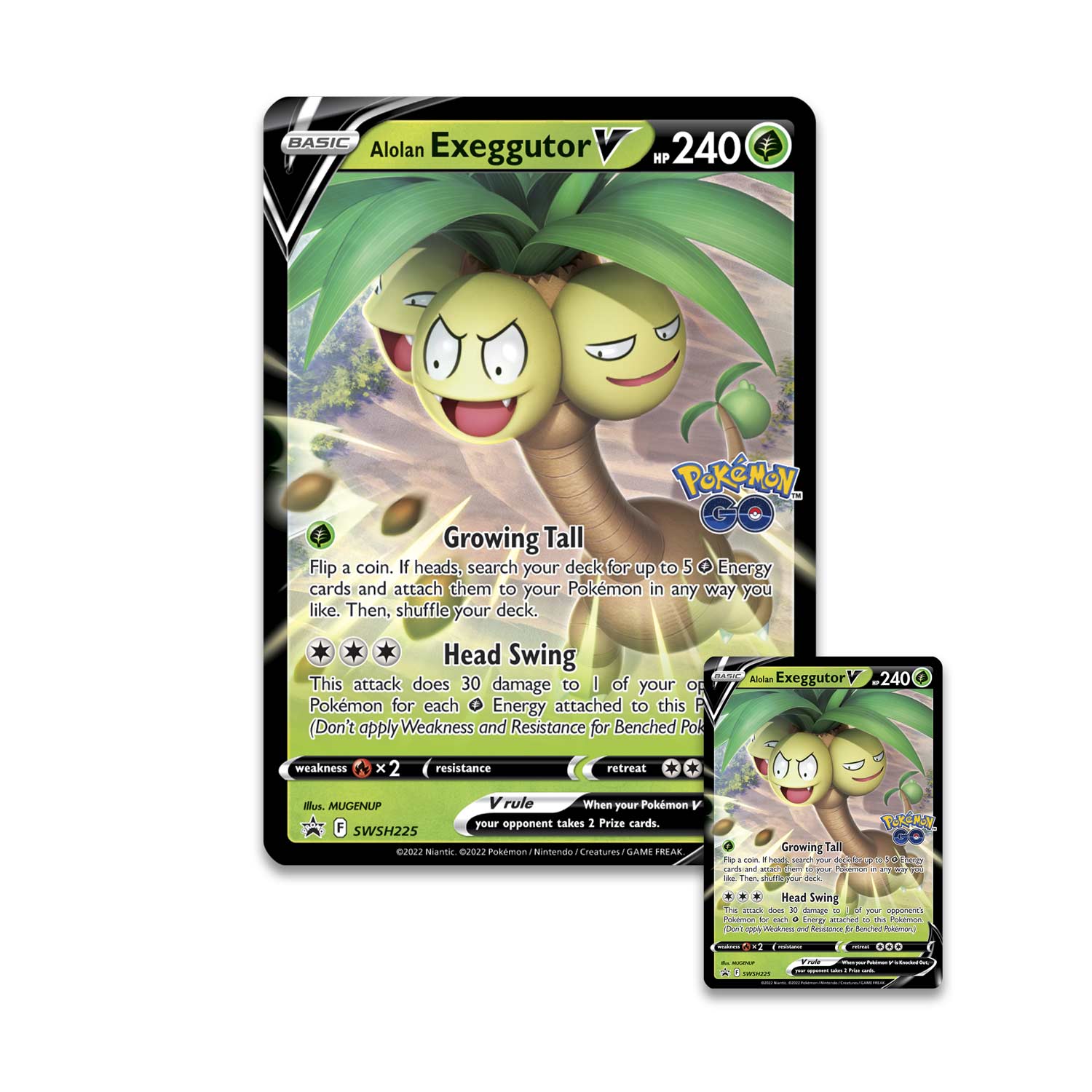 **Alokan Exeggutor V**  
HP 240

**Growing Tall**  
Flip a coin. If heads, search your deck for up to 5 Energy cards and attach them to your Pokémon in any way you like. Then, shuffle your deck.

**Head Swing**  
This attack does 30 damage to 1 of your opponent's Pokémon for each Energy attached to this Pokémon. (Don't apply Weakness and Resistance for Benched Pokémon)

- Weakness: ×2 (Fire)
- Resistance: None

**V Rule**  
When your Pokémon V takes 2 Prize cards.

**Illustrator:** MUGENUP  
**Set:** SWSH225  
**Release Date:** 2022  
**Copyright:** ©2022 Nintendo / ©2022 Pokémon / ©2022 Creatures Inc. / GAME FREAK inc.