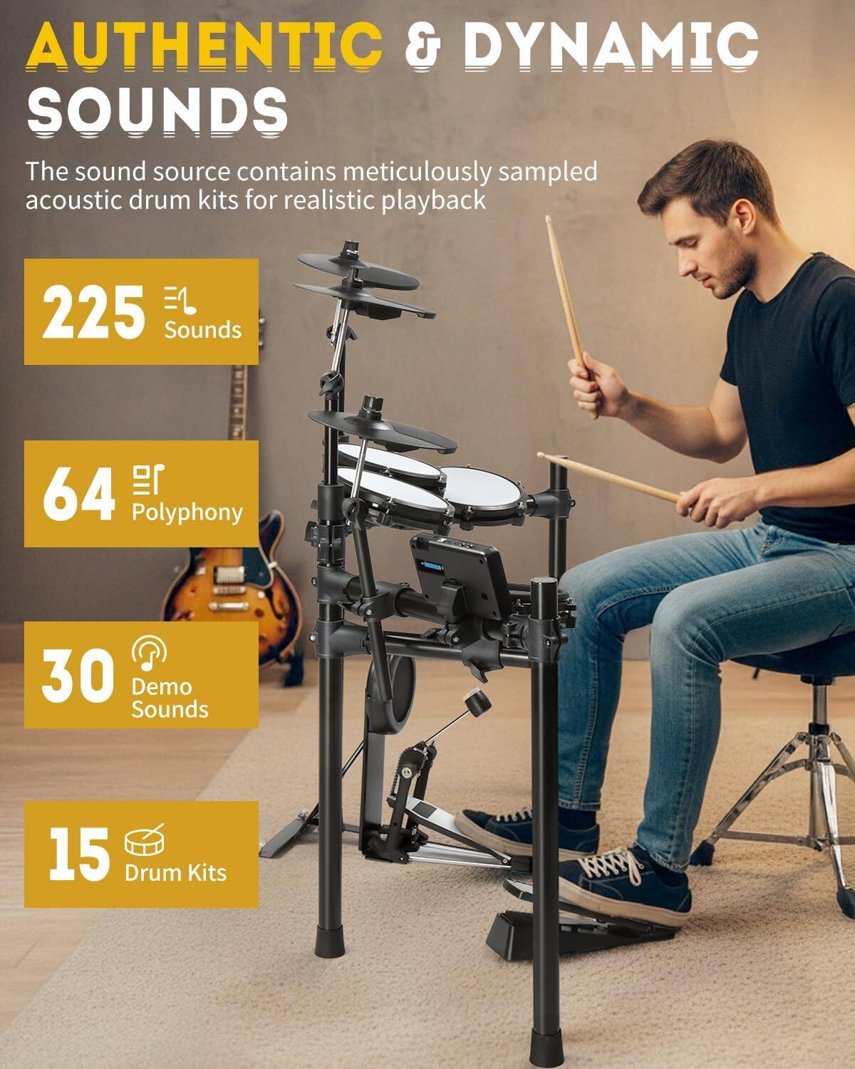 AUTHENTIC & DYNAMIC SOUNDS

The sound source contains meticulously sampled acoustic drum kits for realistic playback

- 225 Sounds
- 64 Polyphony
- 30 Demo Sounds
- 15 Drum Kits