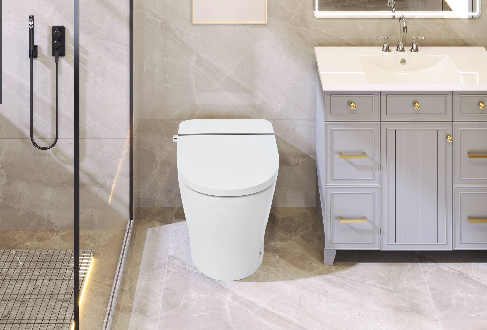 Left. TinyHomie - Heated Seat Smart Toilet with Adjustable Temp Heated Seat Foot sensor Flush White Night Light Knob Control - White.