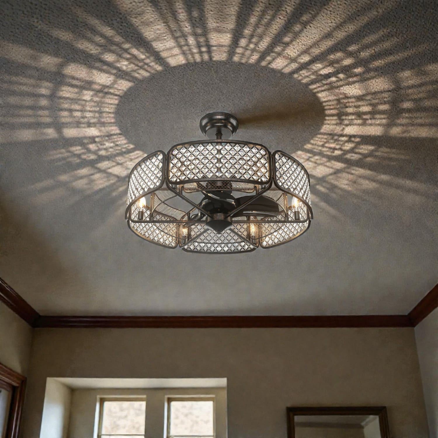 BreeBe - Decorative 30-Inch Ceiling Fan with Crystal-Encrusted Cage and 6-Light Fixture - Brown