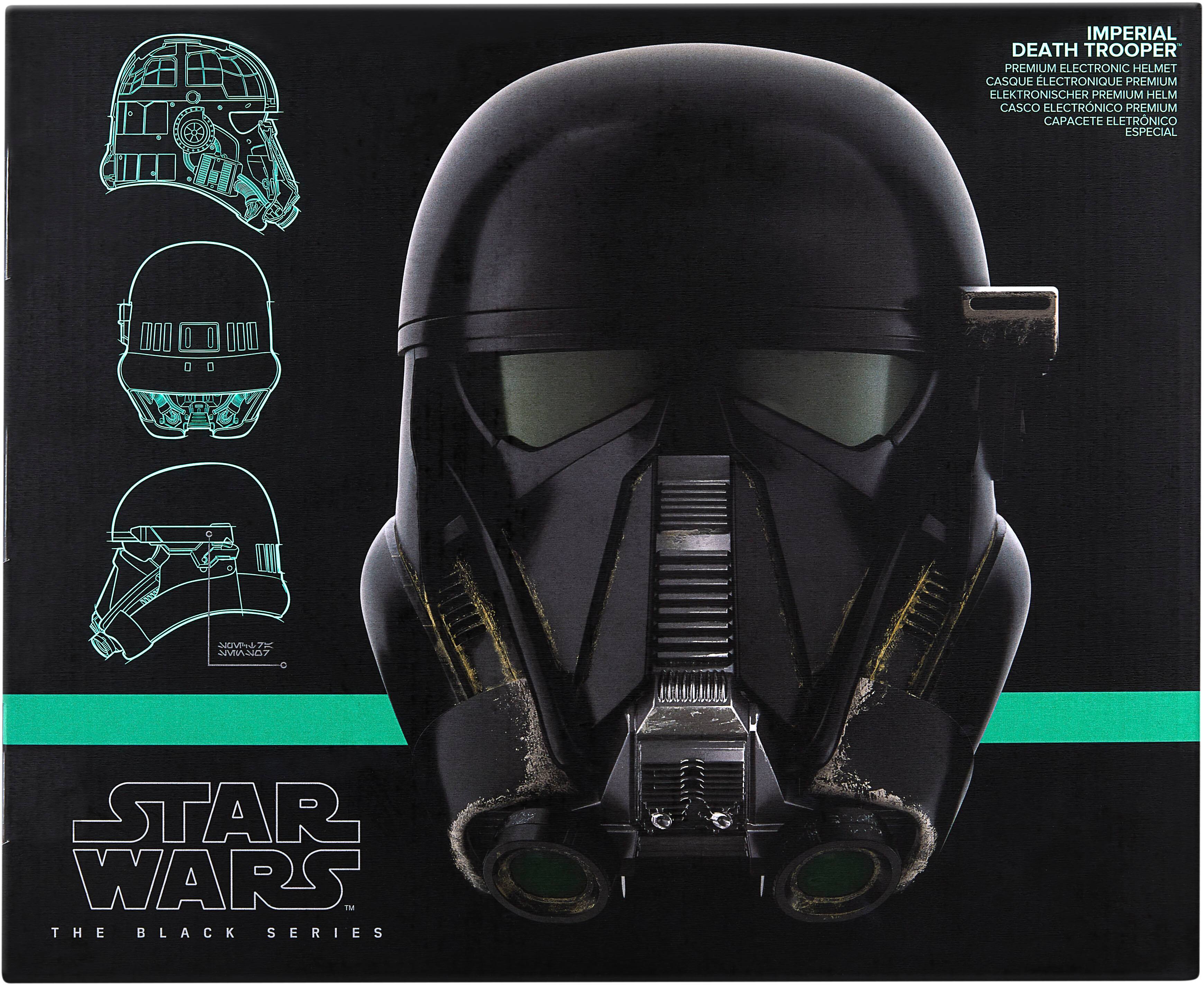 The image features a close-up of a Star Wars Imperial Death Trooper helmet. The helmet is part of the Black Series and is designed to be a premium electronic helmet. The helmet is made of plastic and has a green light on it. The helmet is displayed in a box, which also contains a diagram of the helmet's parts.