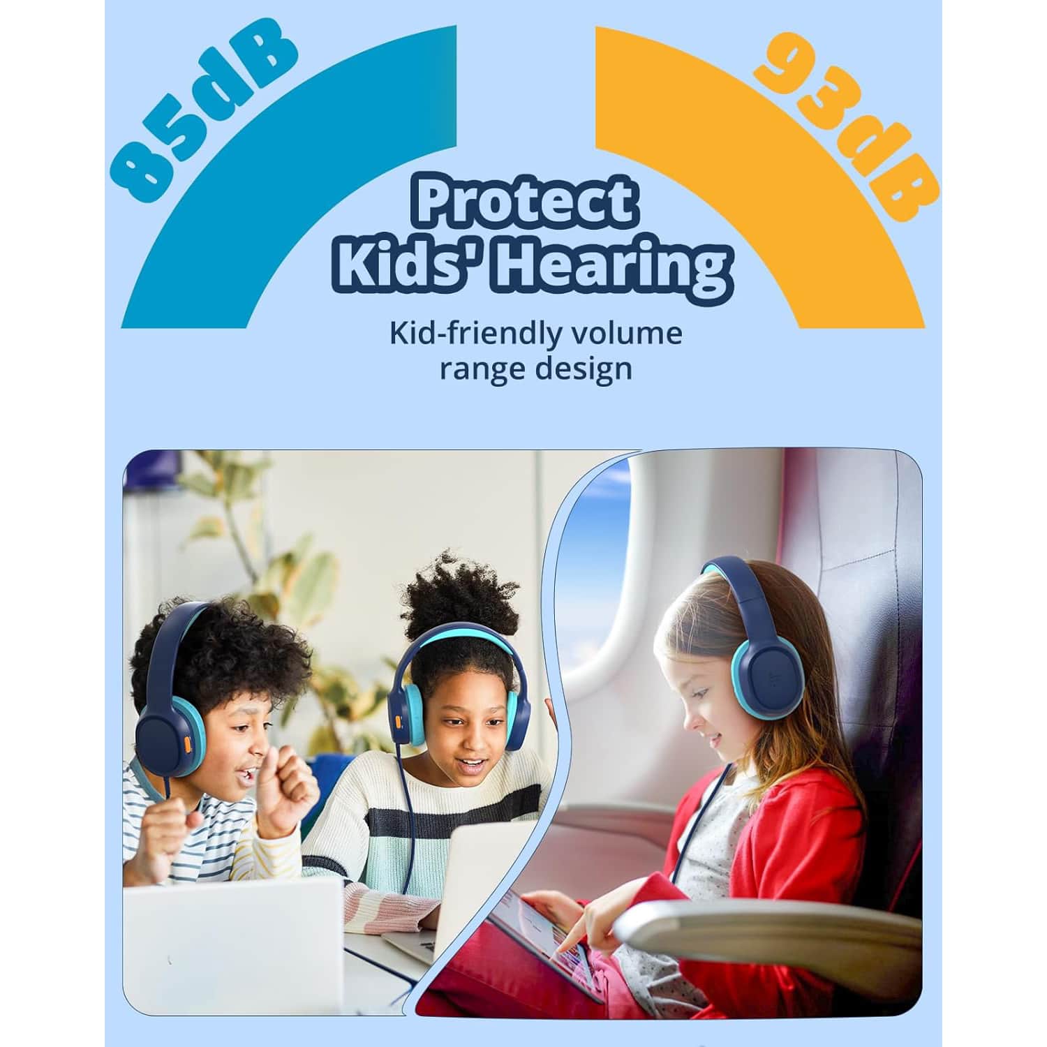 The text on the image is grouped and corrected as follows:
"85dB Protect Kids' Hearing - Kid-friendly volume range design."