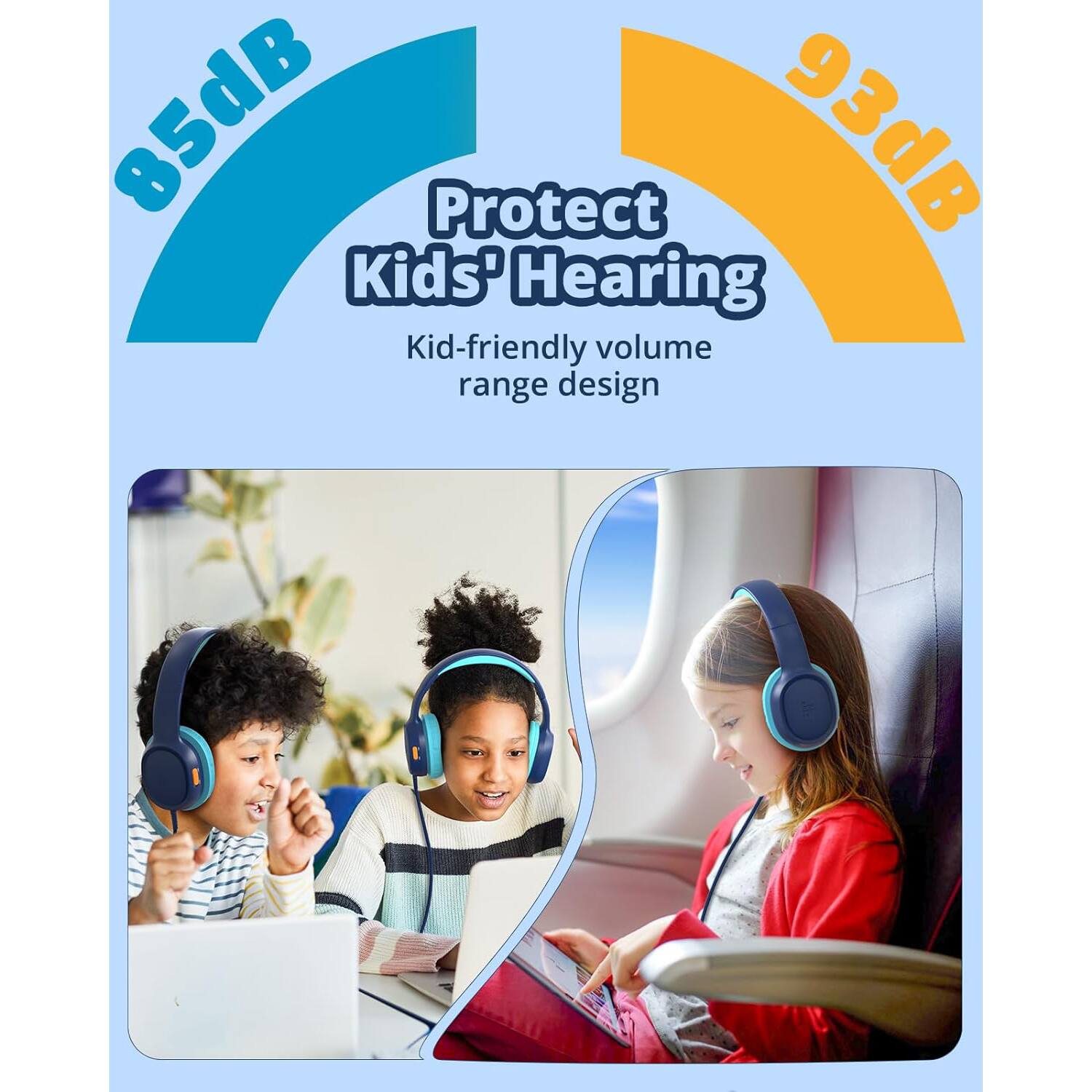 The text on the image is grouped and corrected as follows:

"85dB Protect Kids' Hearing - Kid-friendly volume range design."