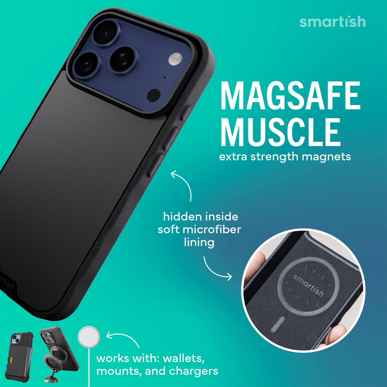 smartish MAGSAFE MUSCLE extra strength magnets hidden inside soft microfiber lining smartish works with: wallets, mounts, and chargers