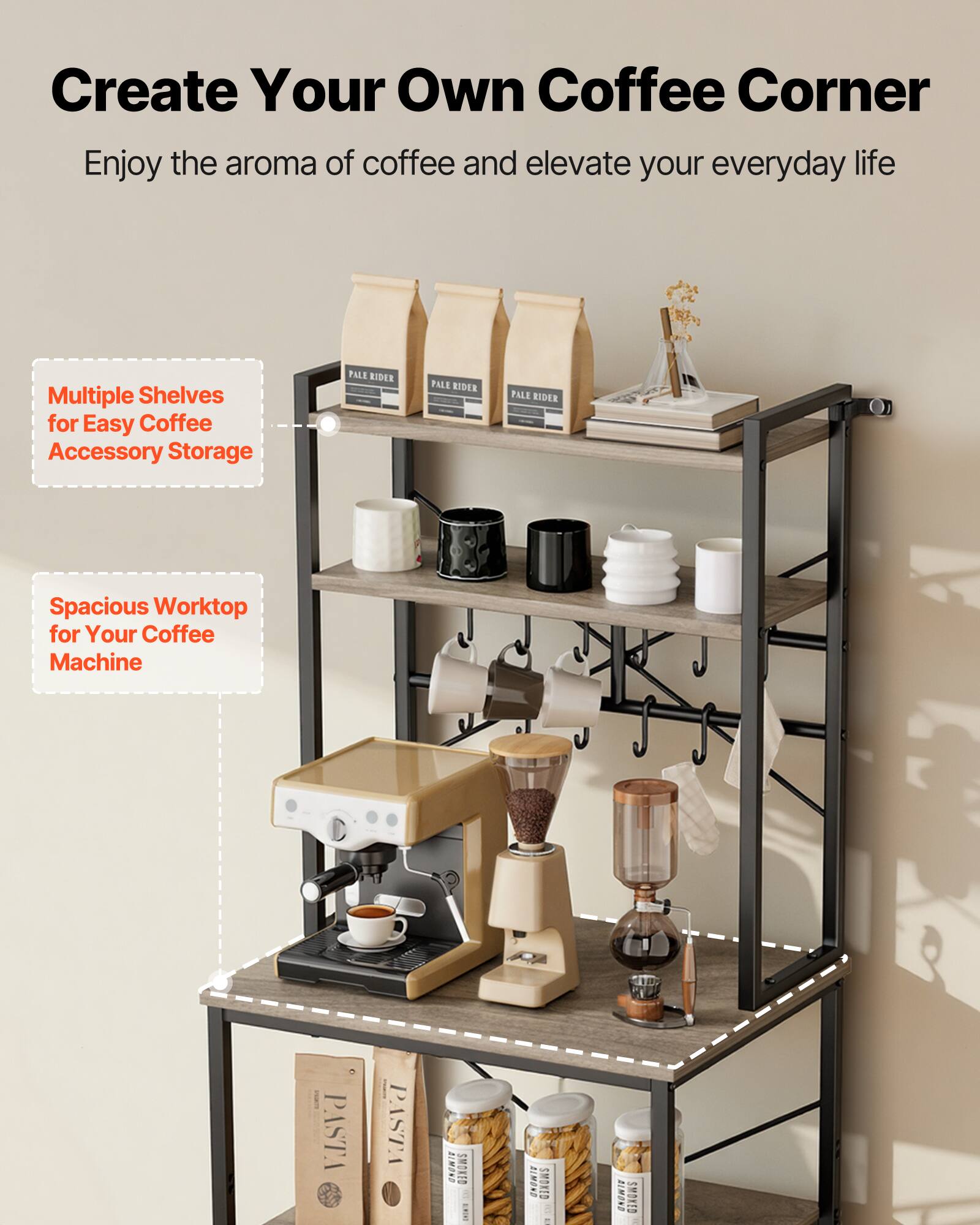 Create Your Own Coffee Corner  
Enjoy the aroma of coffee and elevate your everyday life  

Multiple Shelves for Easy Coffee Accessory Storage  

Spacious Worktop for Your Coffee Machine