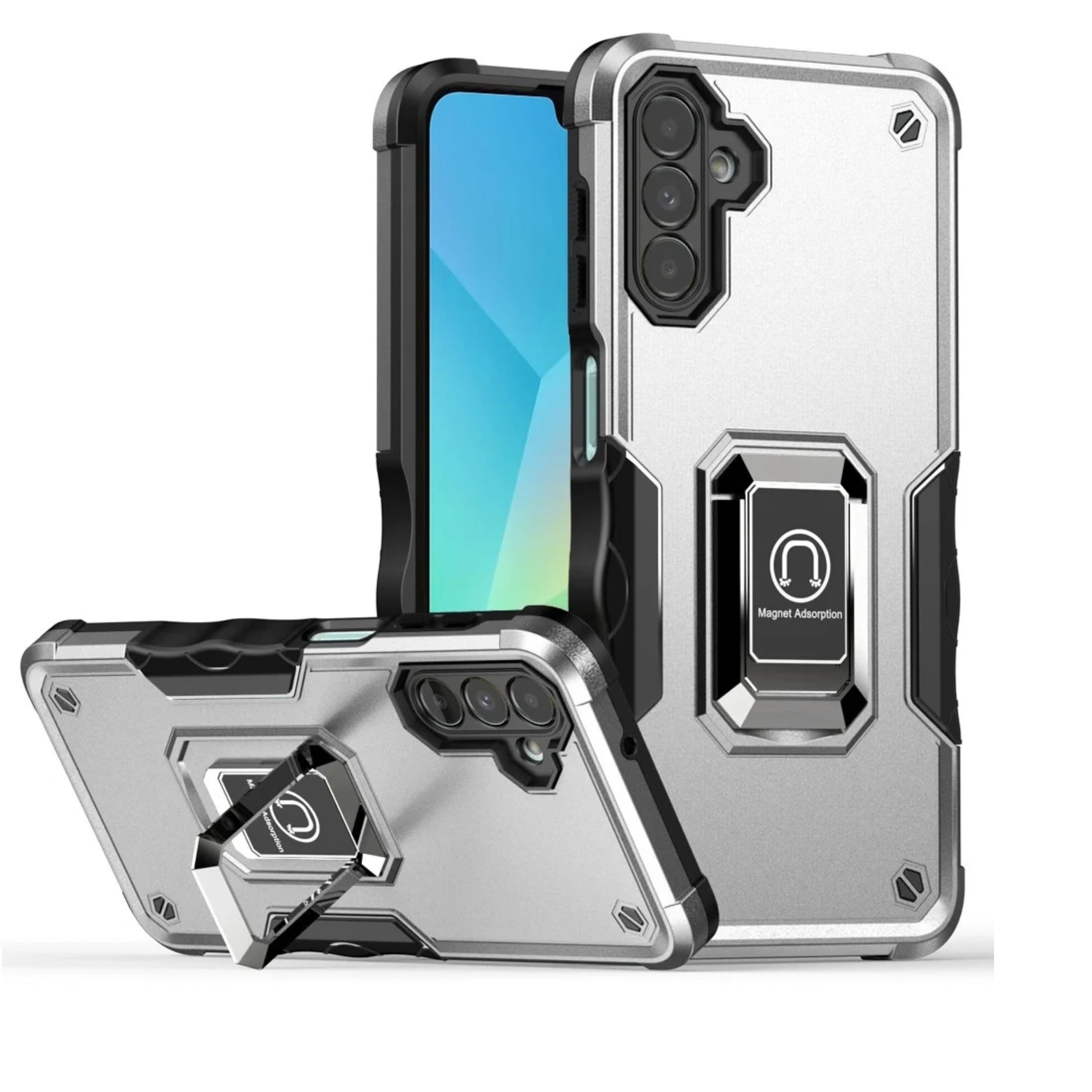 Kitcheniva - Heavy Duty Grip Ring Stand Phone Case With Tempered Glass For Samsung Galaxy A16 5G - Silver