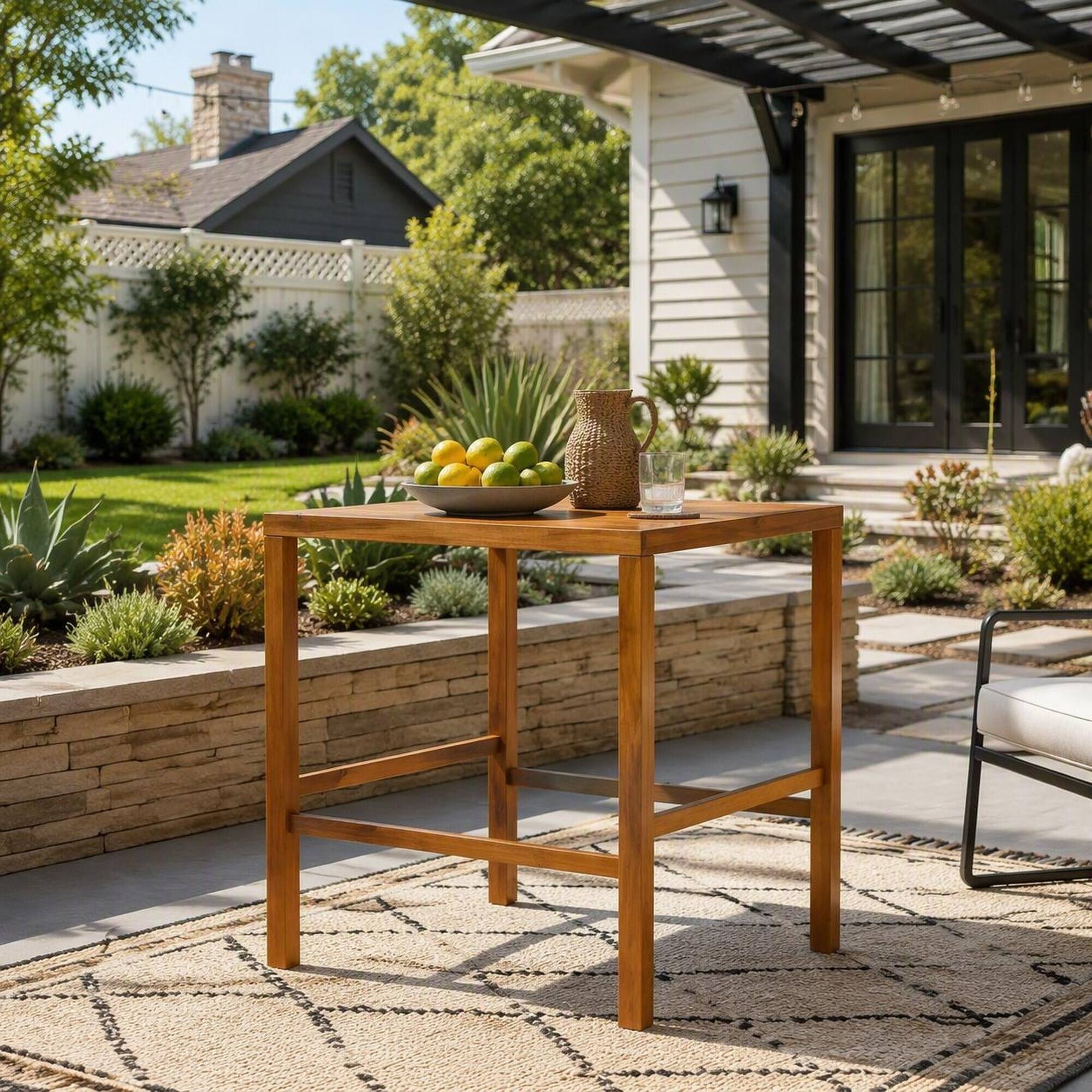 Alt View 1. RYHNUYNE - Wood Outdoor Dining Table,Slatted Water-Draining Tabletop for Patios & Gardens - Teak.