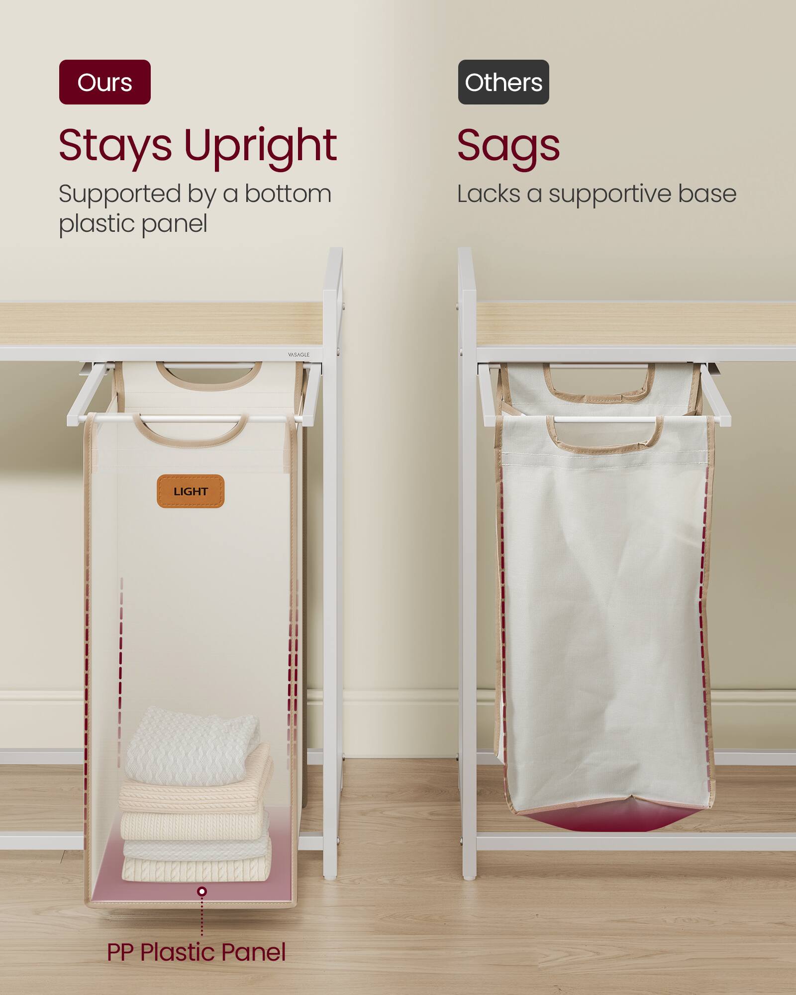 **Ours**  
Stays Upright  
Supported by a bottom plastic panel  

**Others**  
Sags  
Lacks a supportive base  

PP Plastic Panel