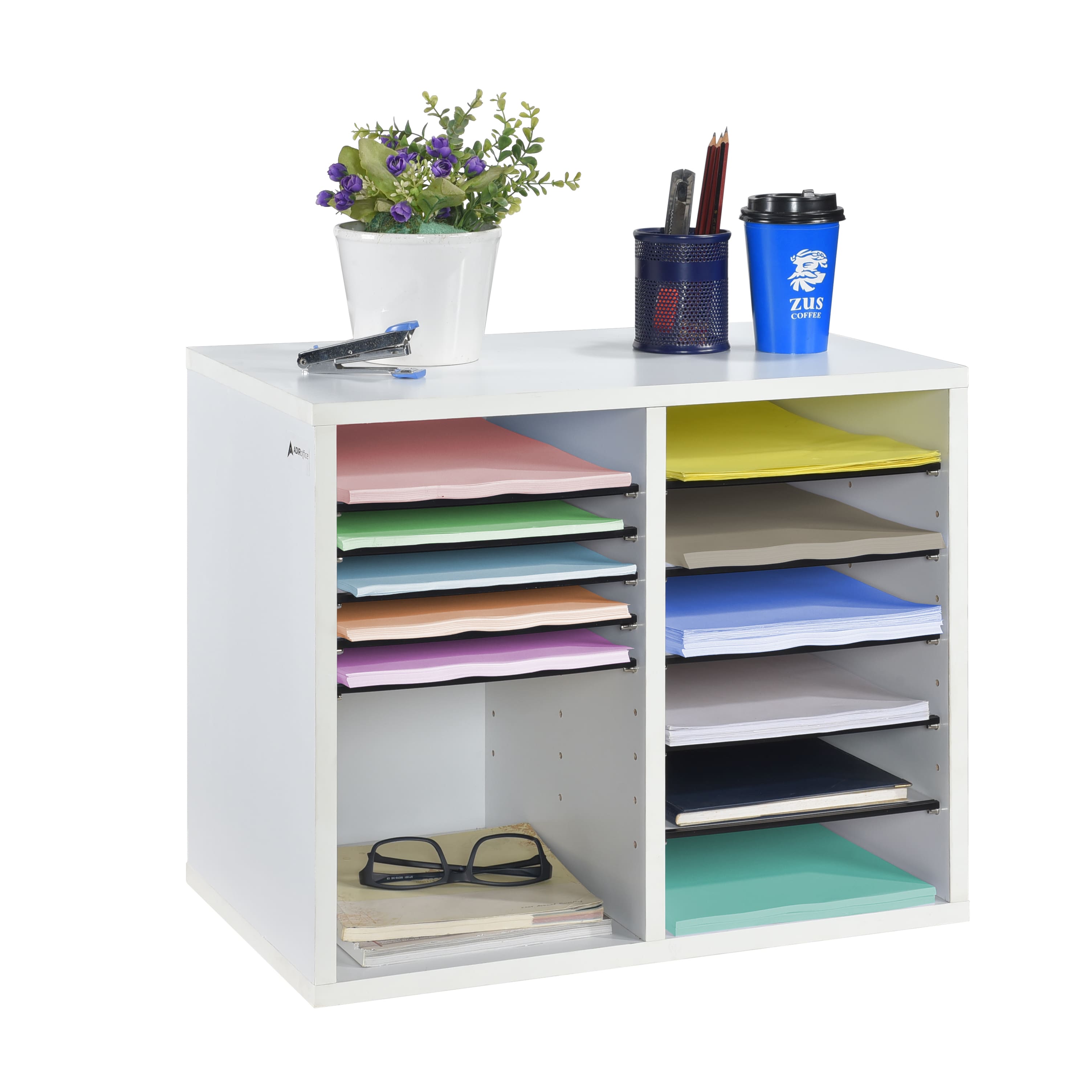 AdirOffice - Wood Adjustable 12 Compartment Literature File Organizer, 11.8”D x 20”W x 16.3”H - White