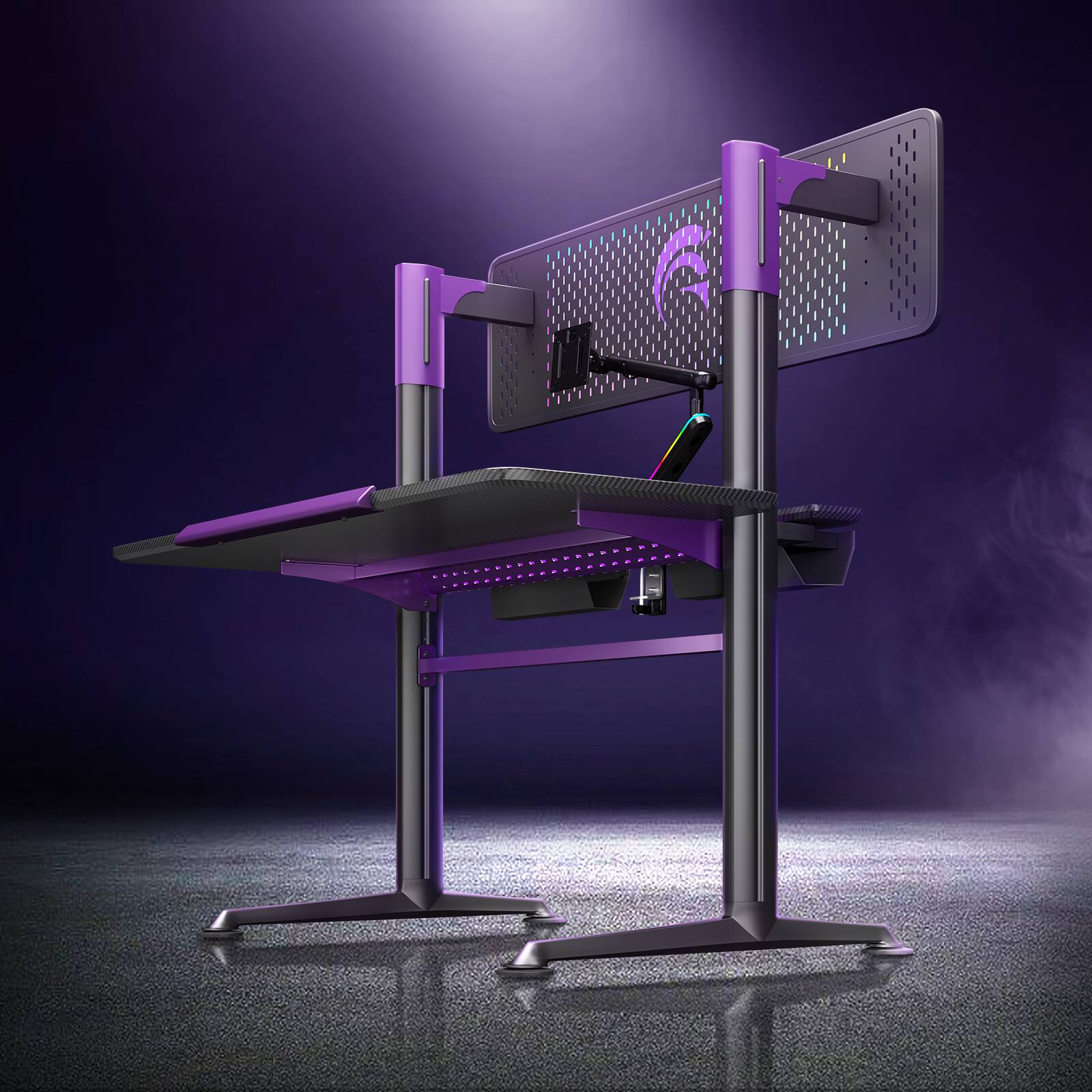 Angle. RSPGAME - G Series Ergonomic Gaming Desk with Monitor Stand - Black Purple.
