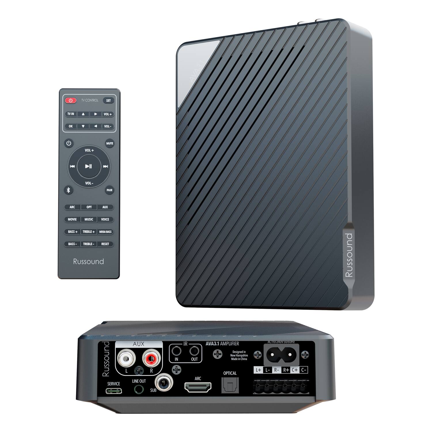 Sure, here is the corrected and grouped text from the image:

---

**Remote Control:**

- TV CONTROL
- TV IN
- VOL +
- VOL -
- OK
- MUTE
- VOL +
- VOL -
- PAIR
- ABC
- OPT
- AUX
- MOVIE
- MUSIC
- VOICE
- BASS +
- TREBLE +
- MIDA BASS
- BASS -
- TREBLE -
- RESET
- Russound

**Amplifier:**

- Russound
- AVA3.1 AMPLIFIER
- Designed in New York, Made in China
- AUX
- IR IN
- IR OUT
- SERVICE
- LINE OUT
- SUB
- ARC
- OPTICAL
- L+ L- R- R+ C+
- Russound

**Additional Text:**

- Russound
- Russound
- Russound
- Russound
- Russound
- Russound
- Russound
- Russound
- Russound
- Russound
- Russound
- Russound
- Russound
- Russound
- Russound
- Russound
- Russound
- Russound
- Russound
- Russound