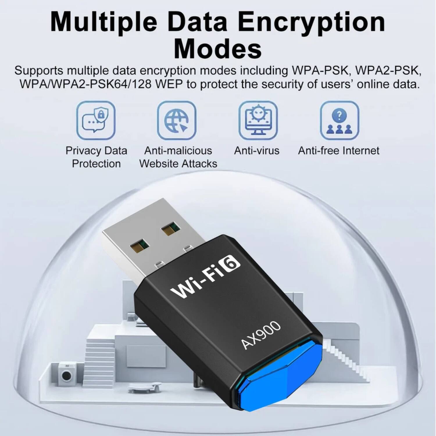 Multiple Data Encryption Modes
Supports multiple data encryption modes including WPA-PSK, WPA2-PSK, WPA/WPA2-PSK64/128 WEP to protect the security of users' online data.
- Privacy Data Protection
- Anti-malicious Website Attacks
- Anti-virus
- Anti-free Internet
Wi-Fi 6 AX900