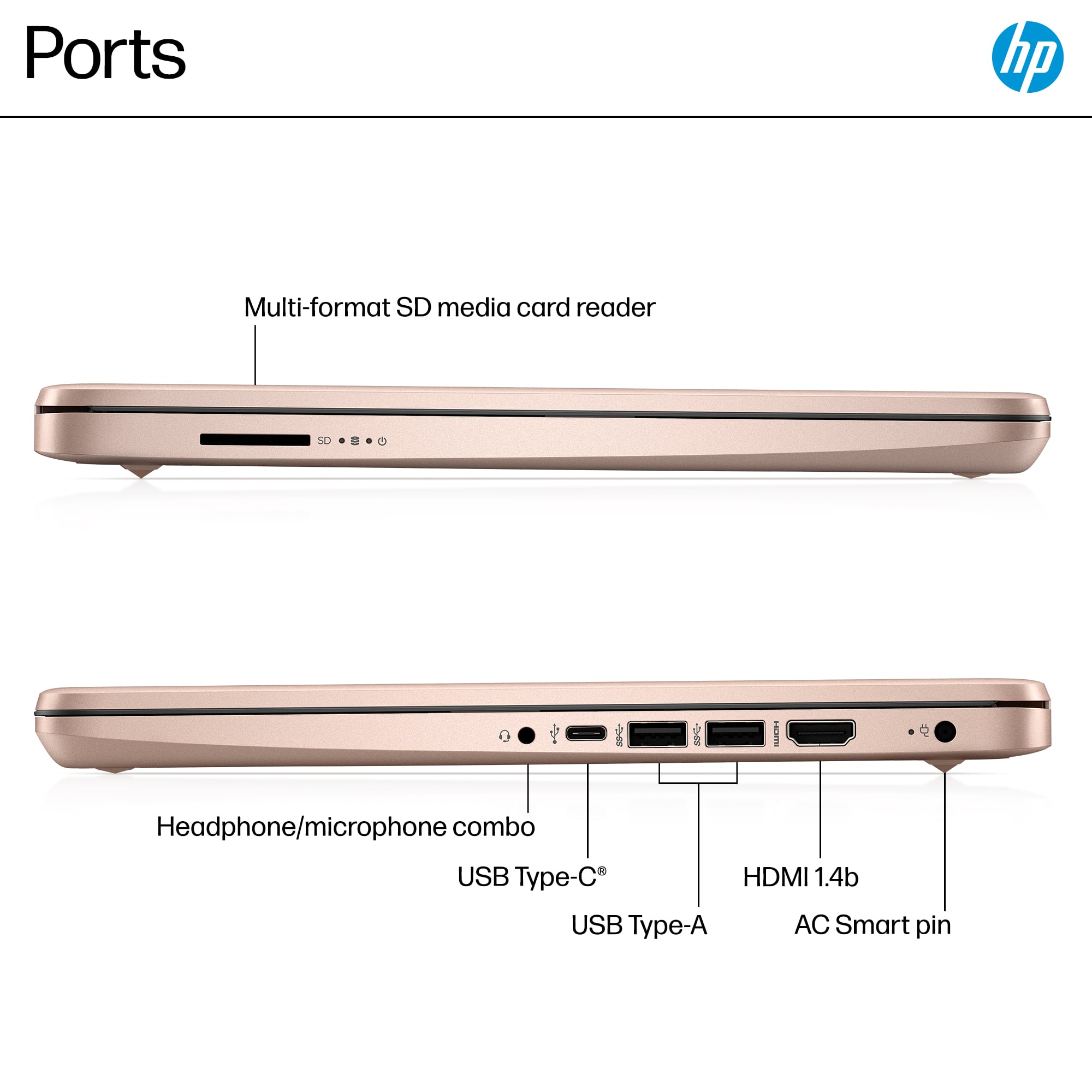 Ports:
* Multi-format SD media card reader
* Headphone/microphone combo
* USB Type-C
* USB Type-A
* HDMI 1.4b
* AC Smart pin